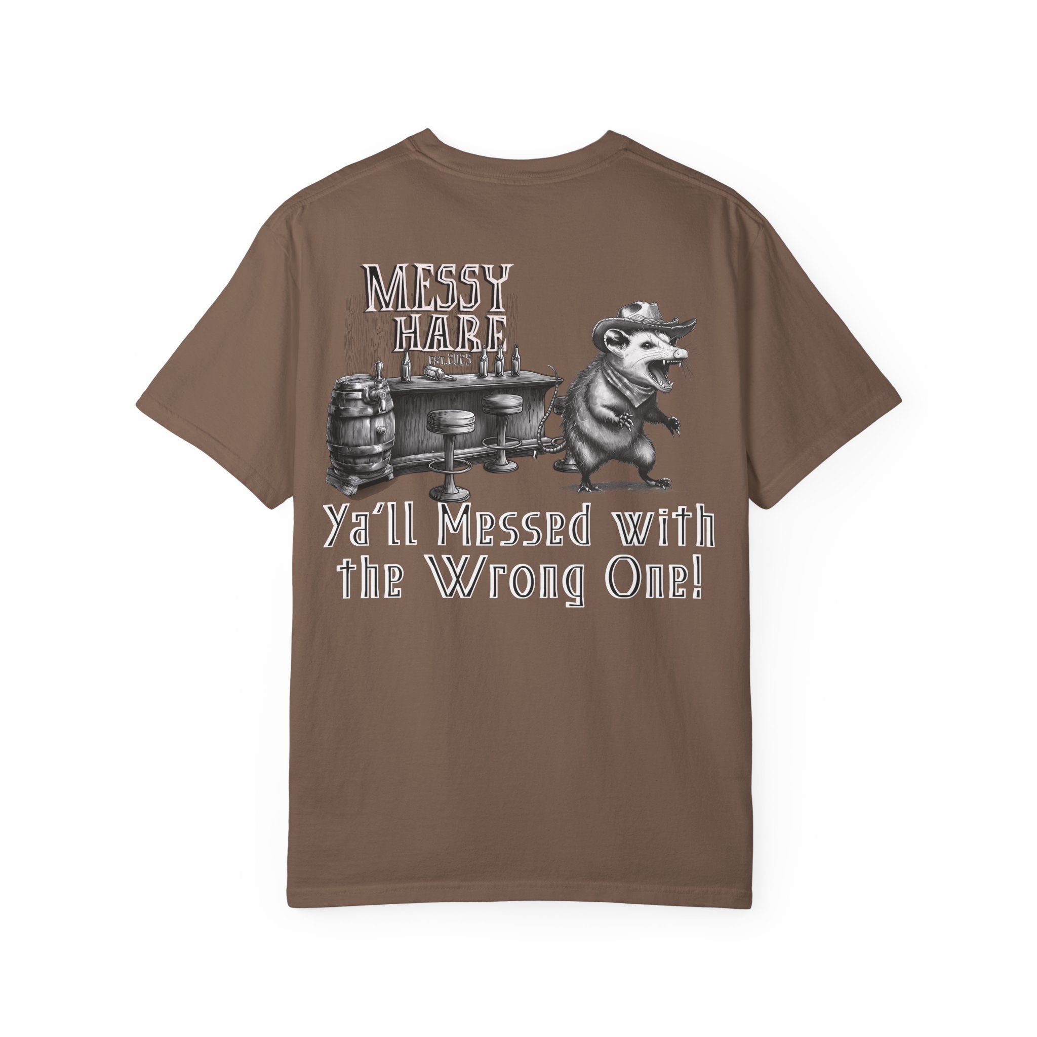 Brown t-shirt with graphic design and text on a white background