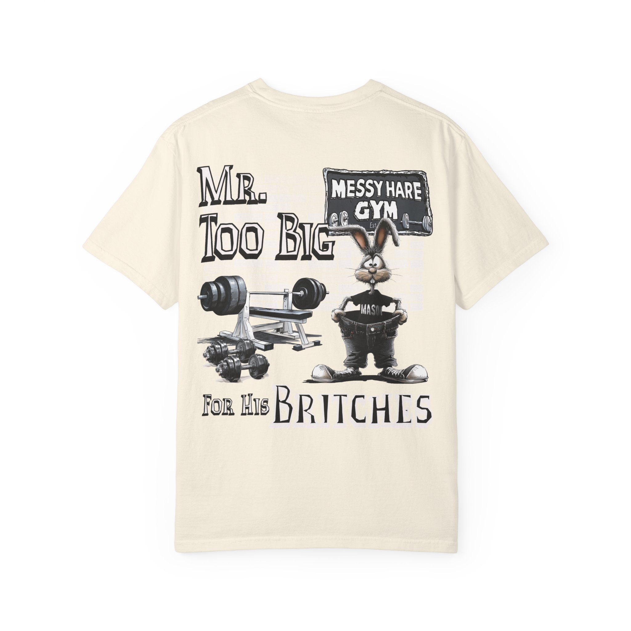 Beige t-shirt with graphic design and text on a white background