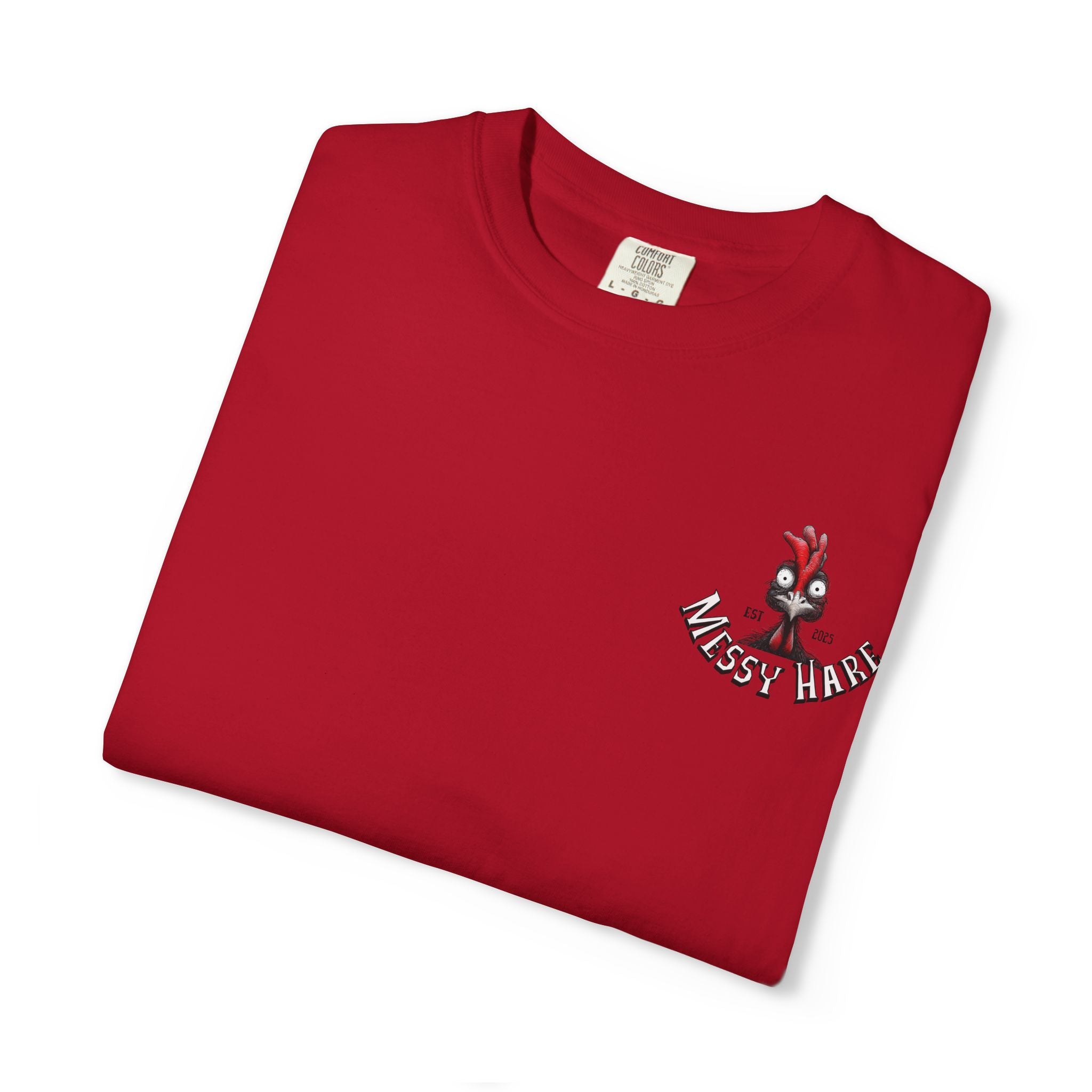 Folded red t-shirt with a logo on a white background