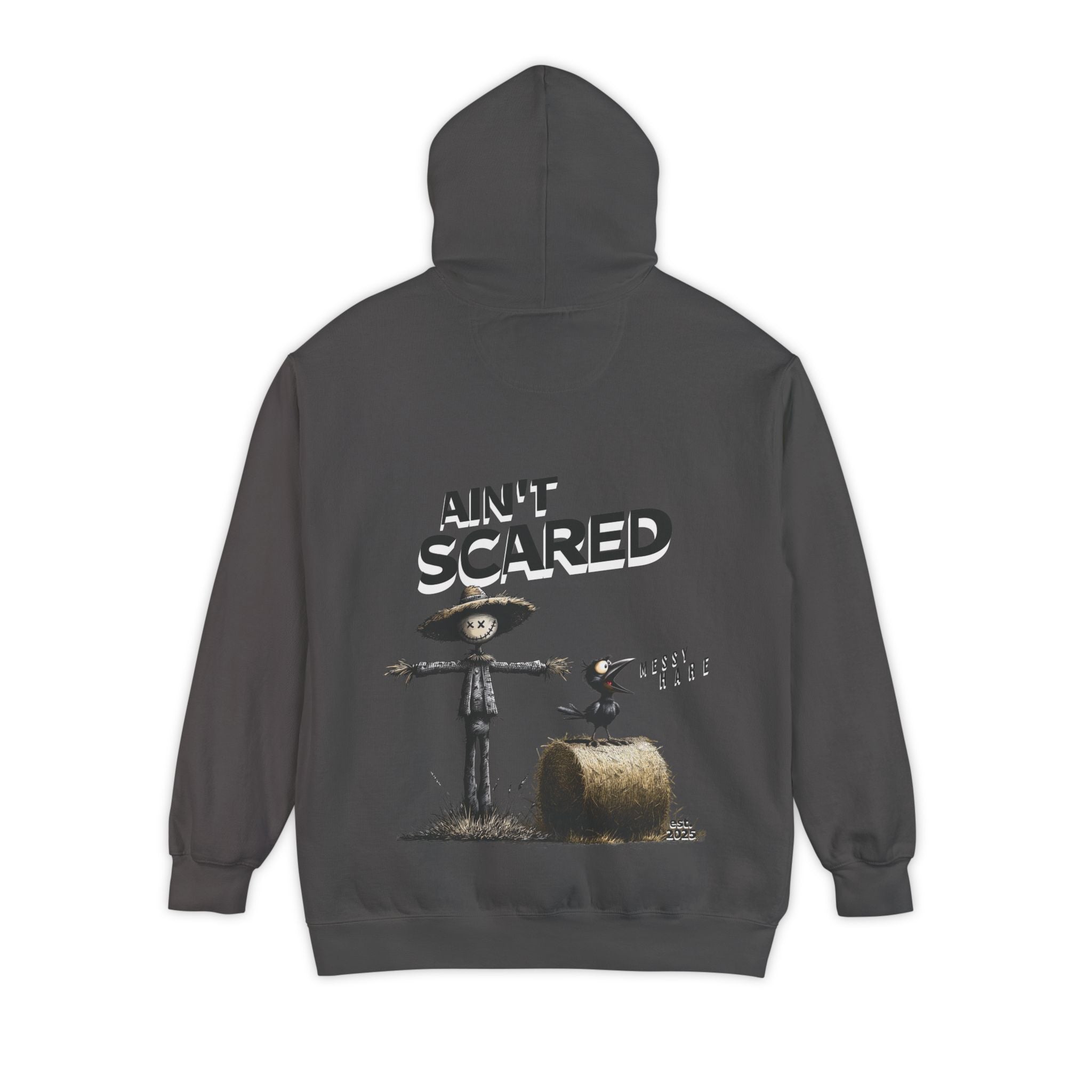 Gray hoodie with a scarecrow graphic and 'Ain't Scared' text on the back, on a white background.