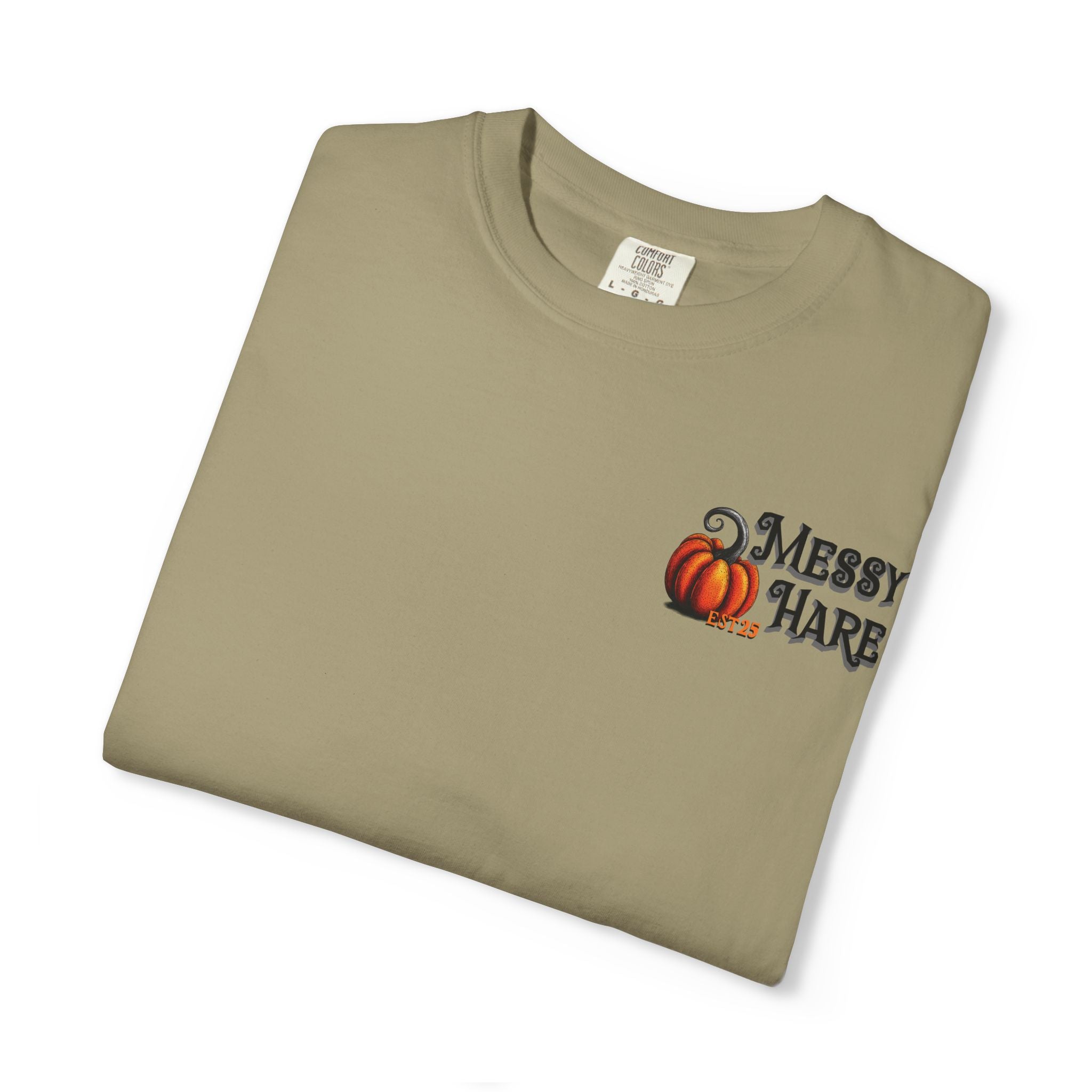 Folded khaki t-shirt with 'Messy Harb' logo on a white background