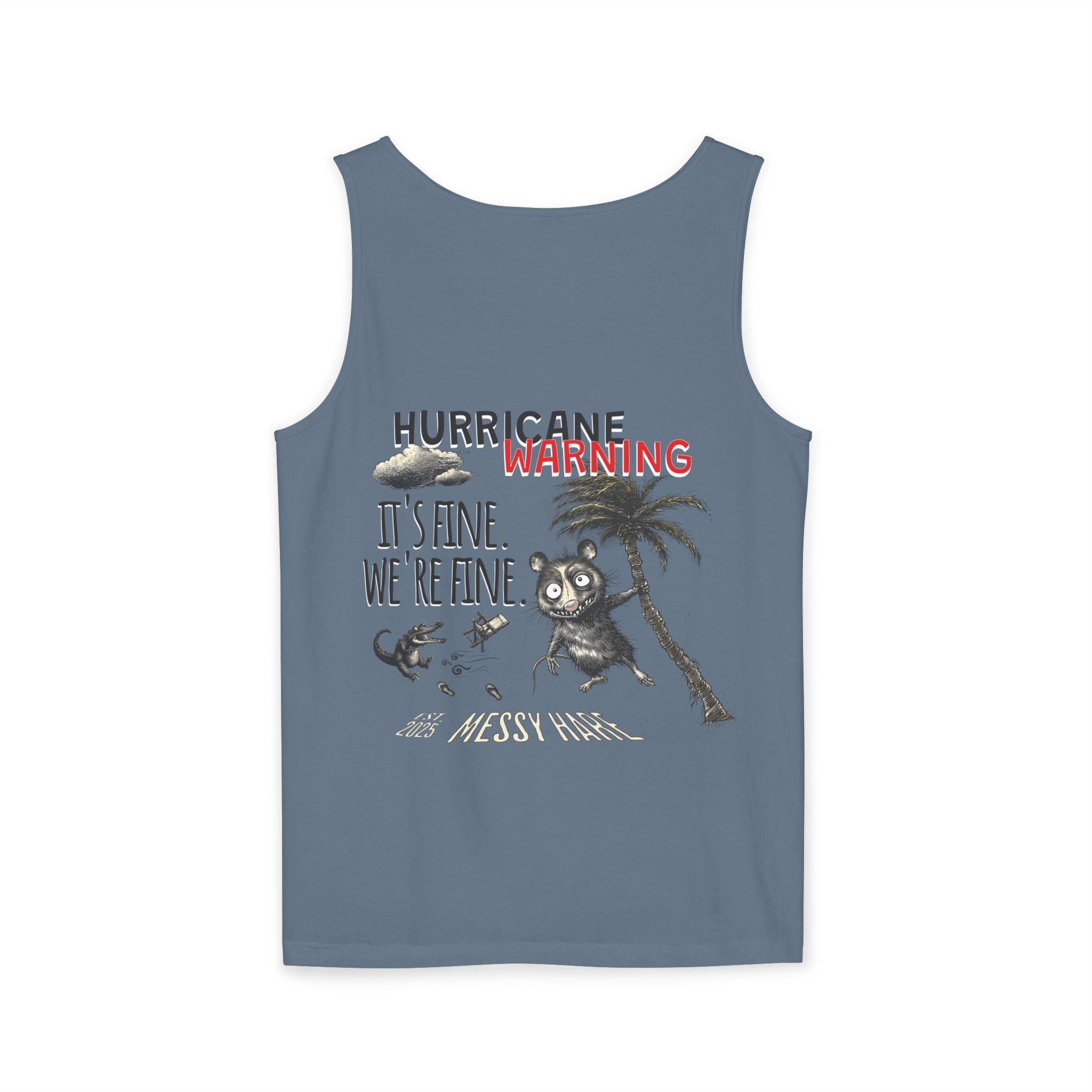 Blue tank top with humorous graphic and text on a white background