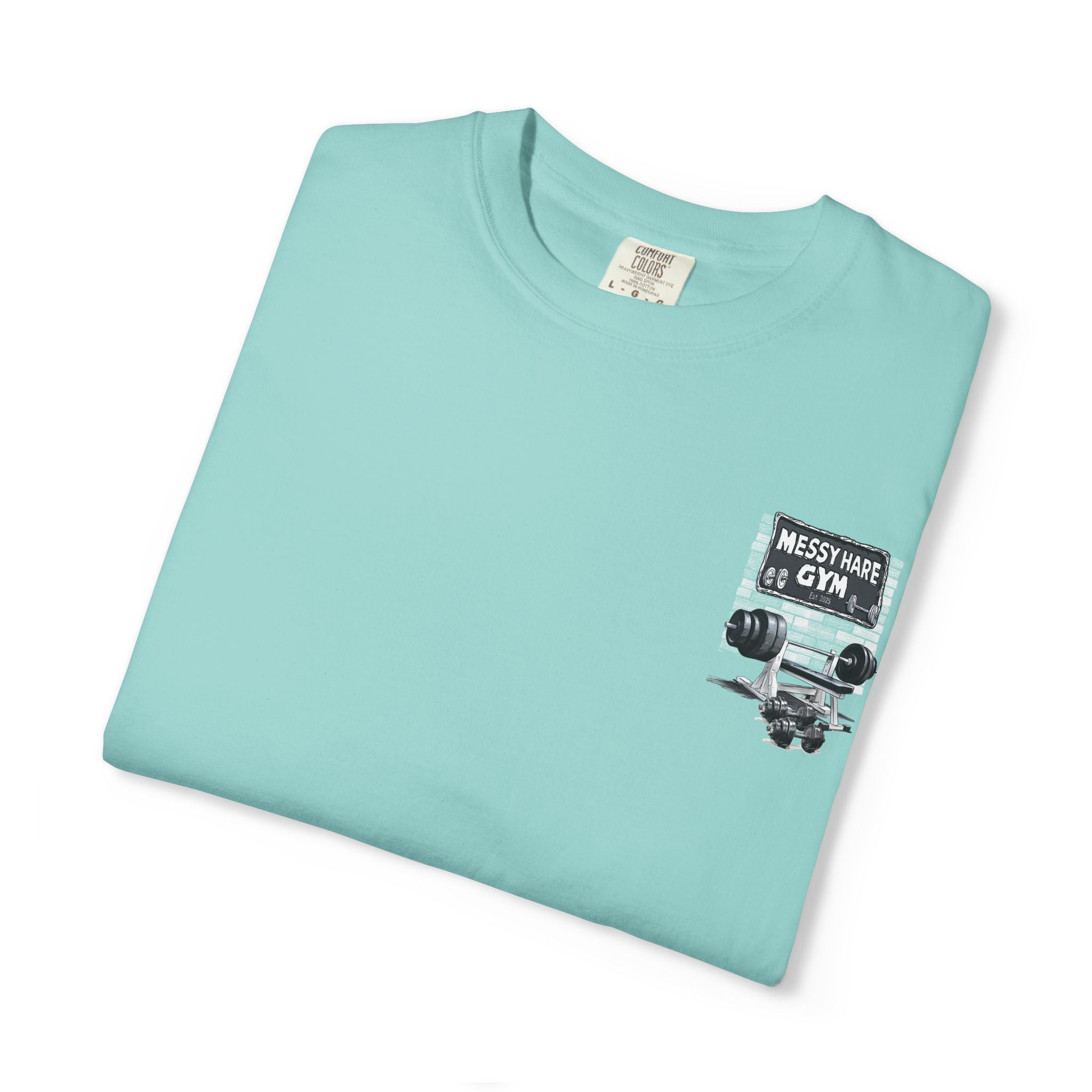 Folded light blue t-shirt with graphic design on a white background