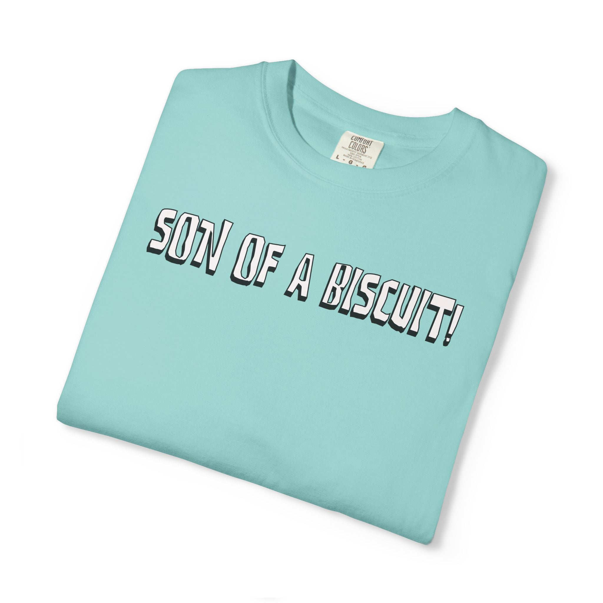 Light blue t-shirt with 'Son of a Biscuit!' text on a white background