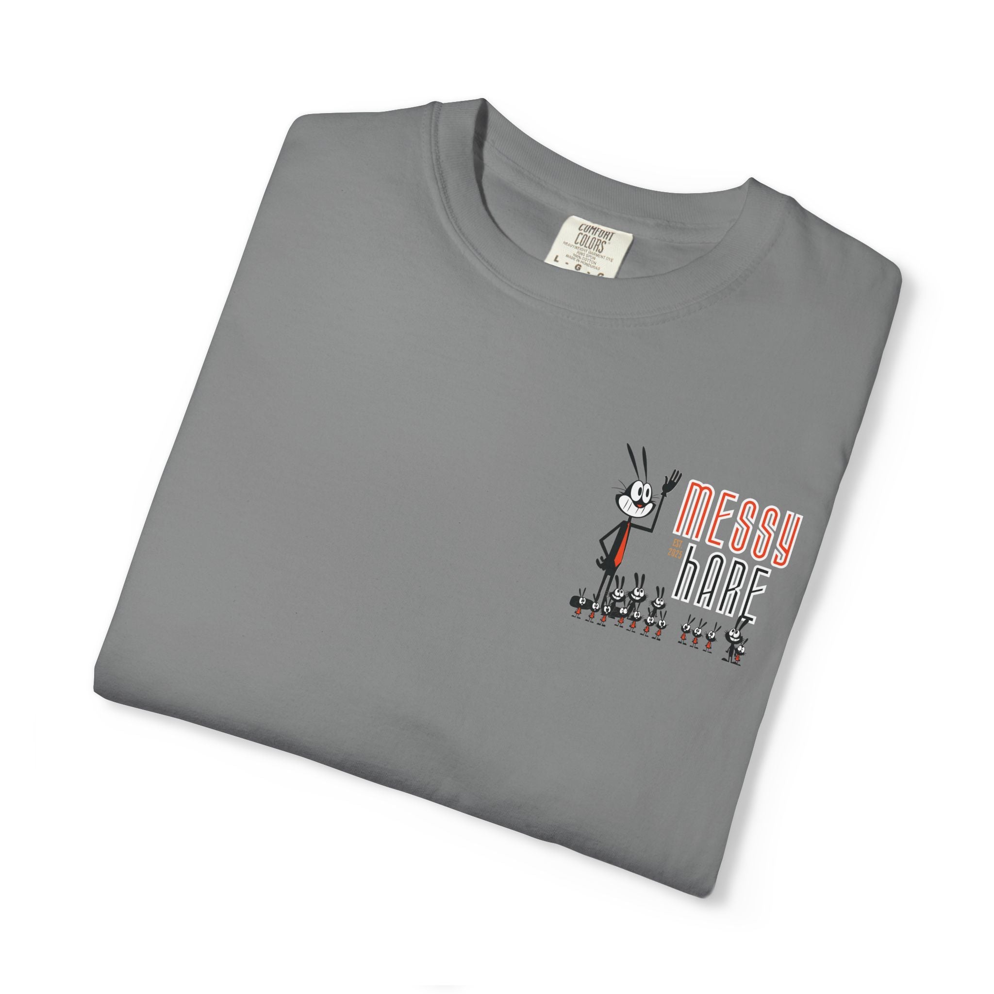 Folded gray t-shirt with 'Messy Hare' graphic on a white background