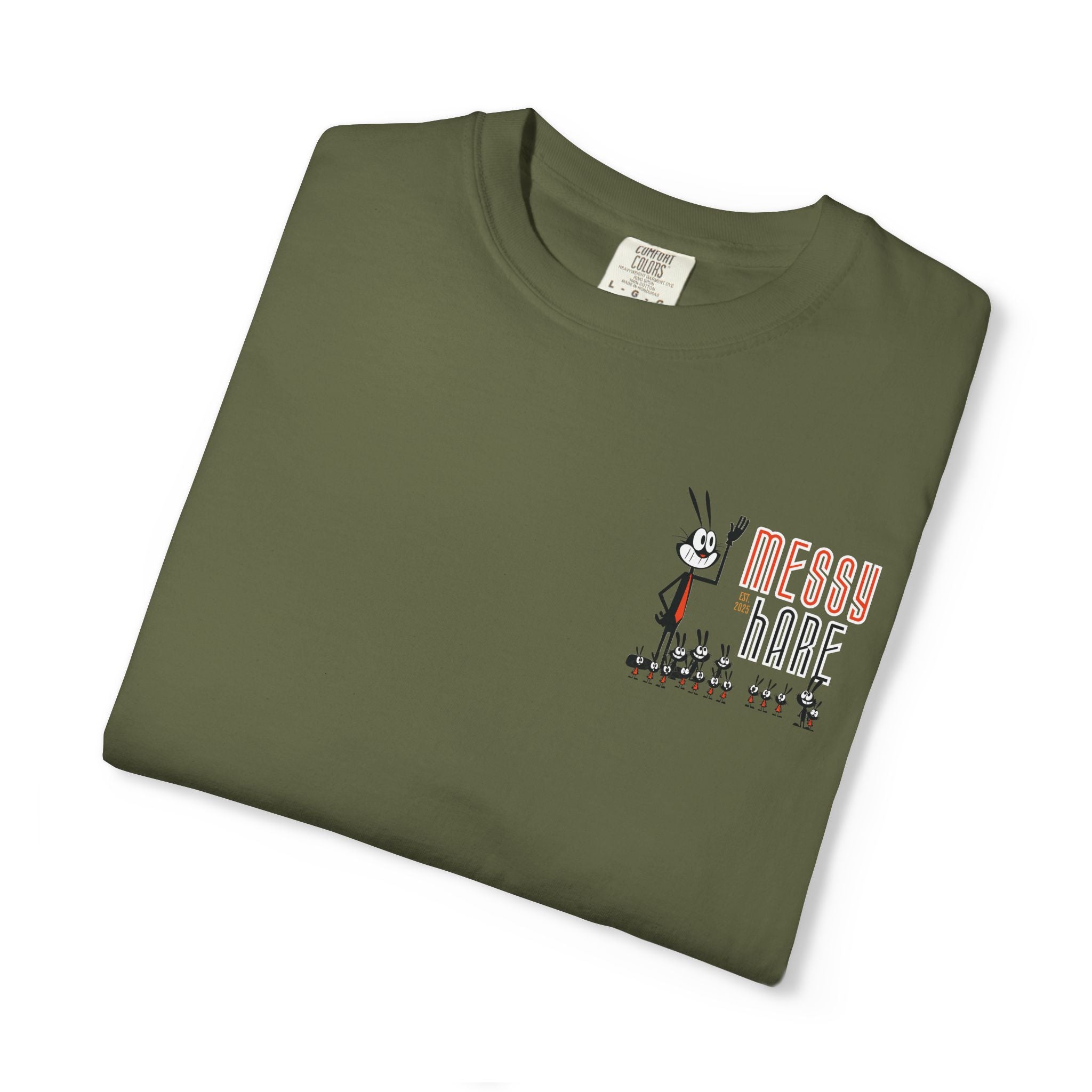 Folded green t-shirt with 'Messy Hare' graphic on a white background