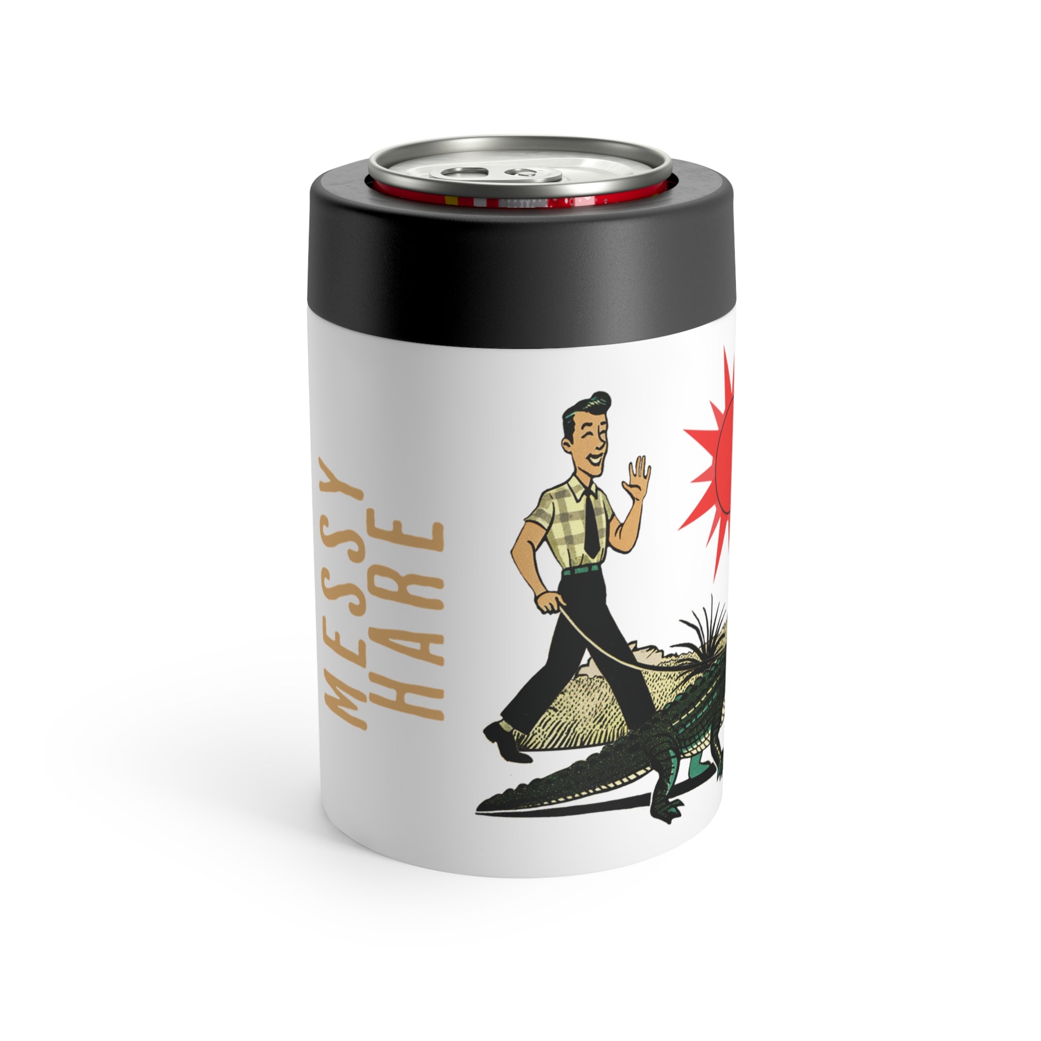 Tumbler with cartoon design of a man and alligator, and text 'Messy Hare' on a white background.