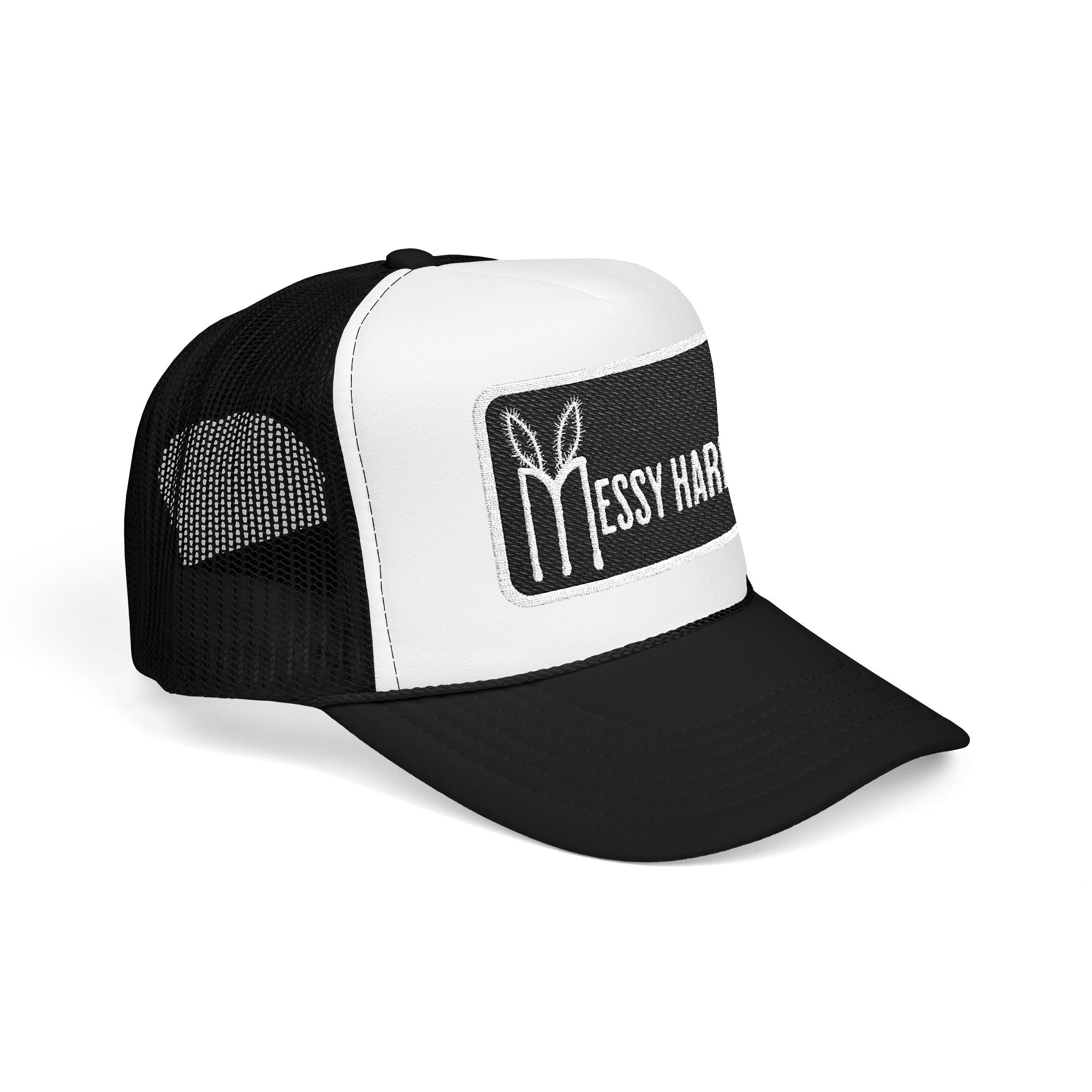 Black and white cap with 'Messy Hair' logo on a white background