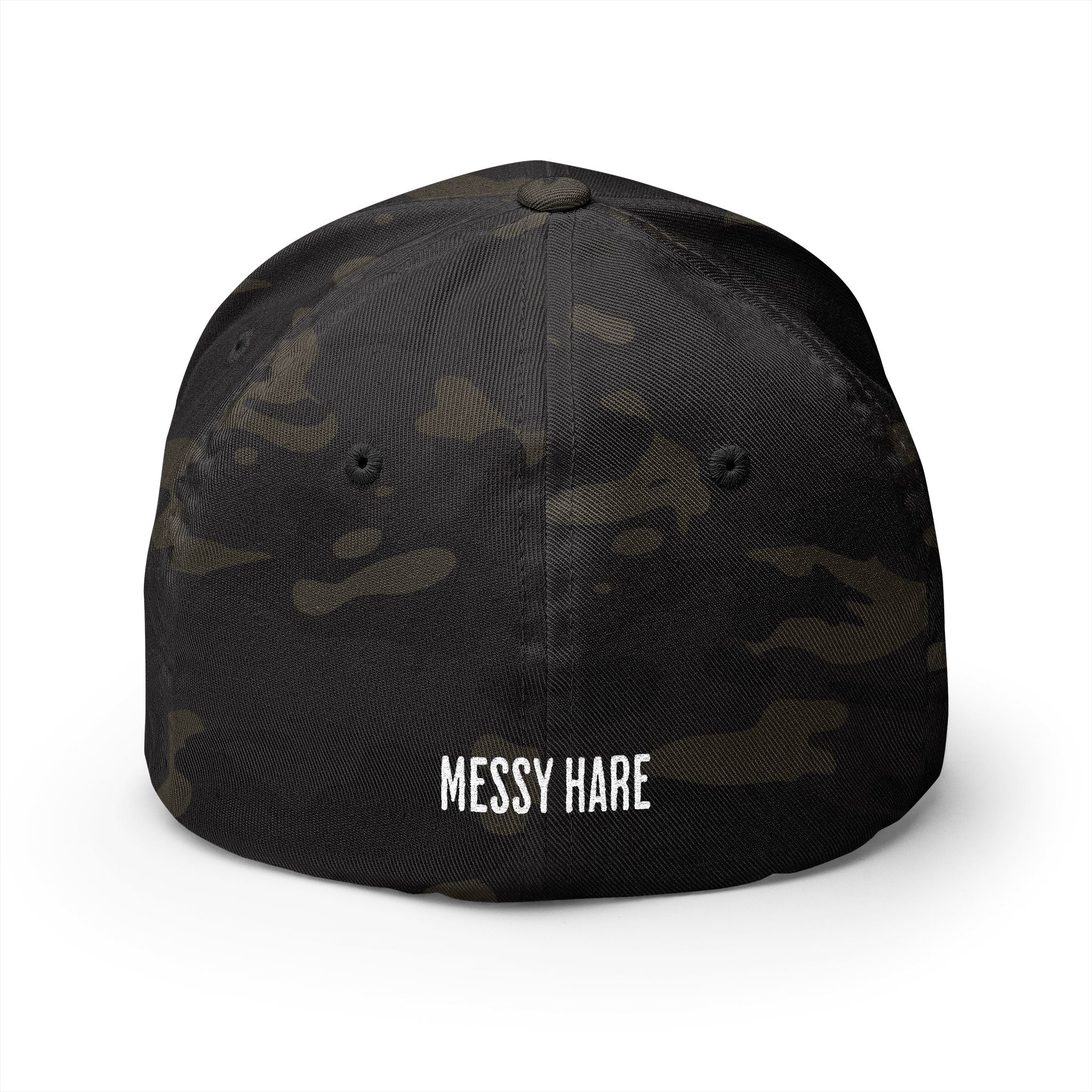 Black camouflage cap with 'Messy Hare' text on a white background