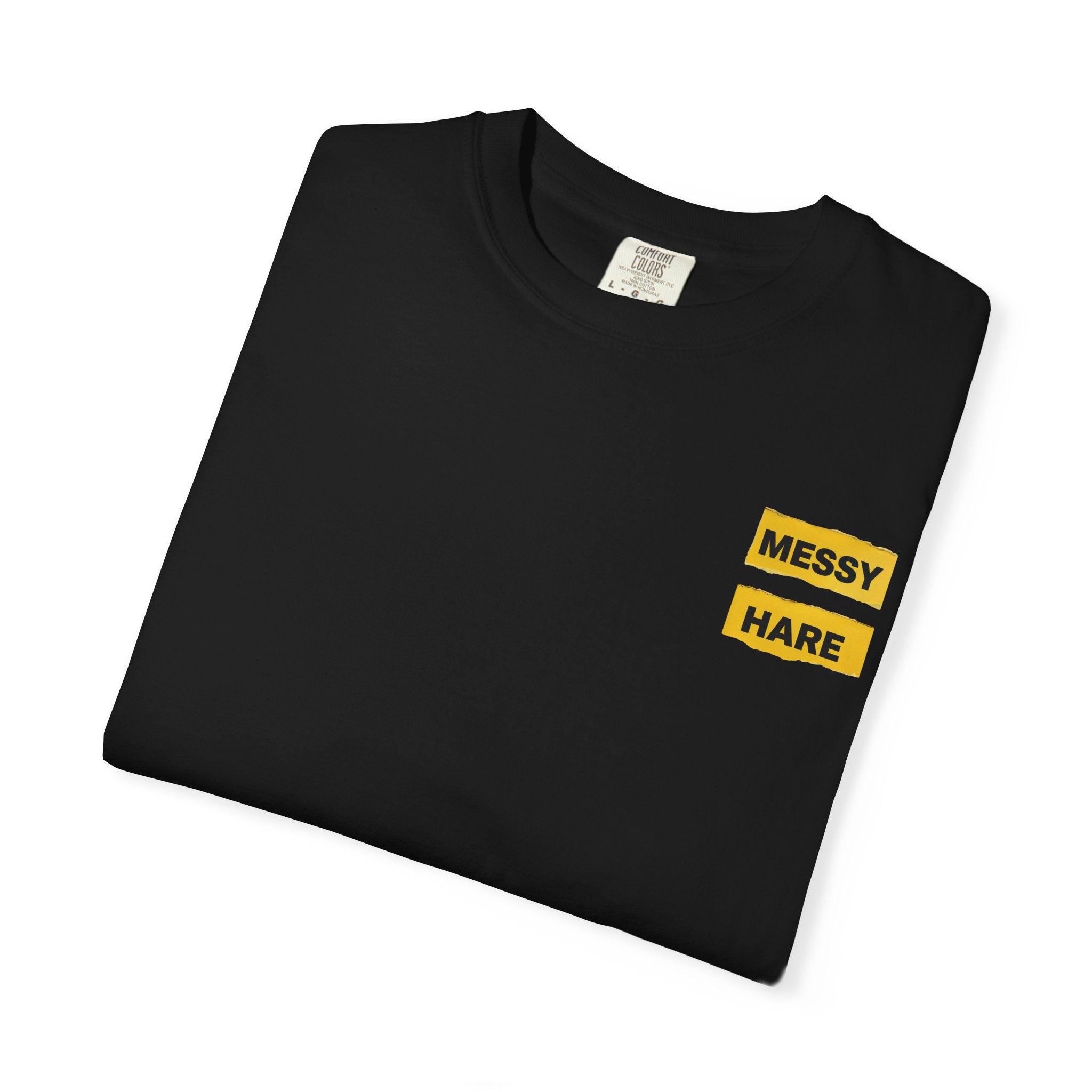 Black t-shirt with 'Messy Hare' text on a white background