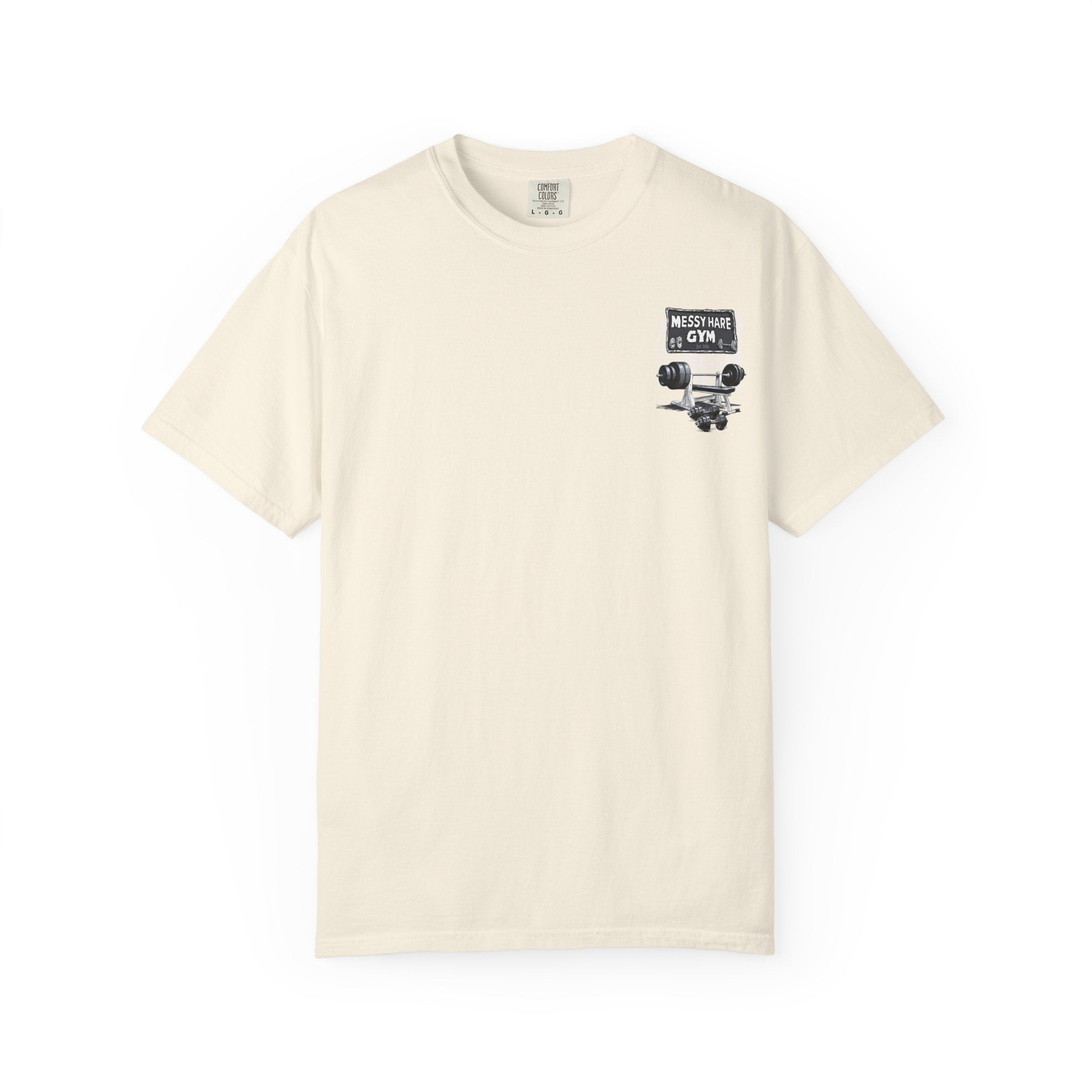 Beige t-shirt with a graphic design on a white background