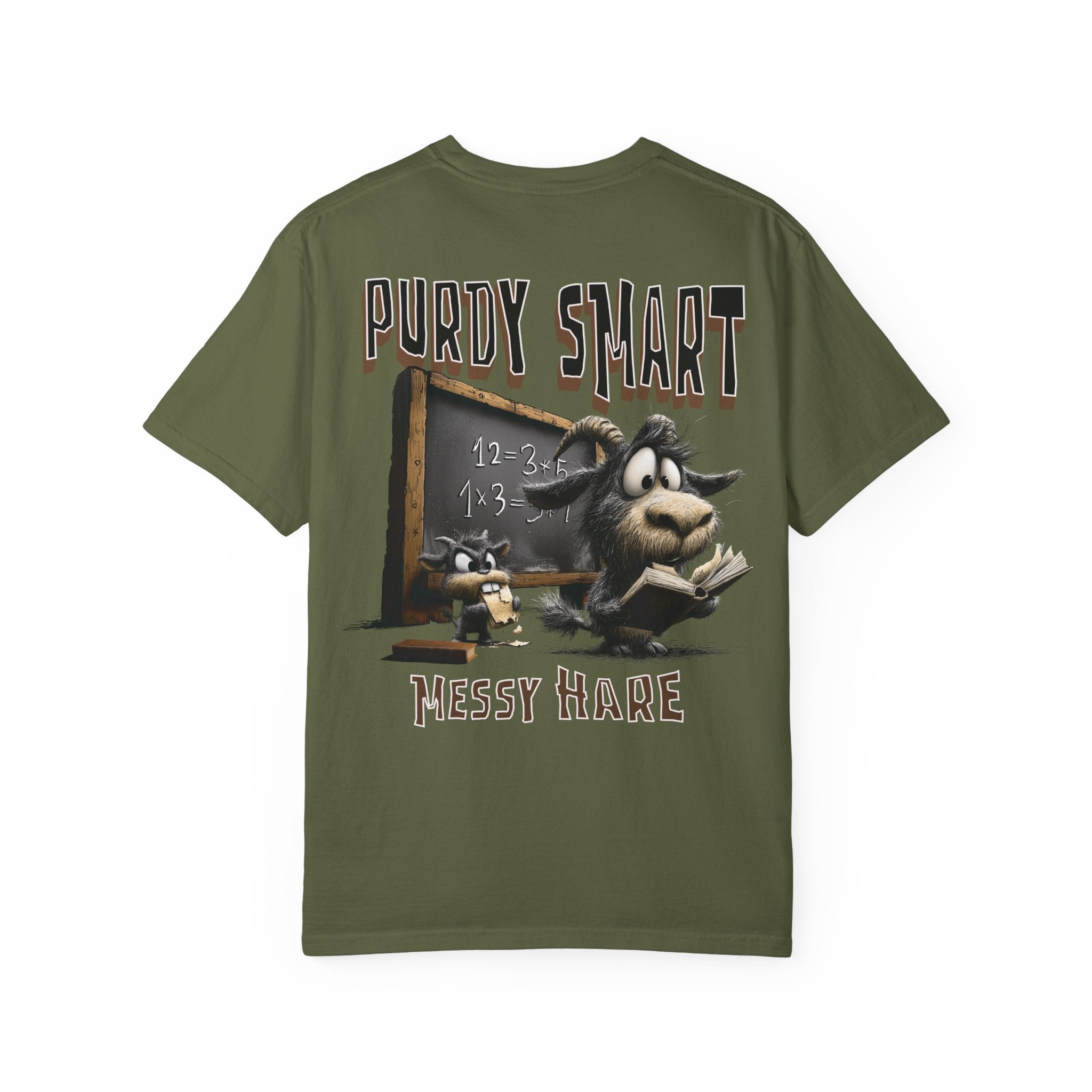 Green t-shirt with cartoon donkey and chalkboard design on a white background