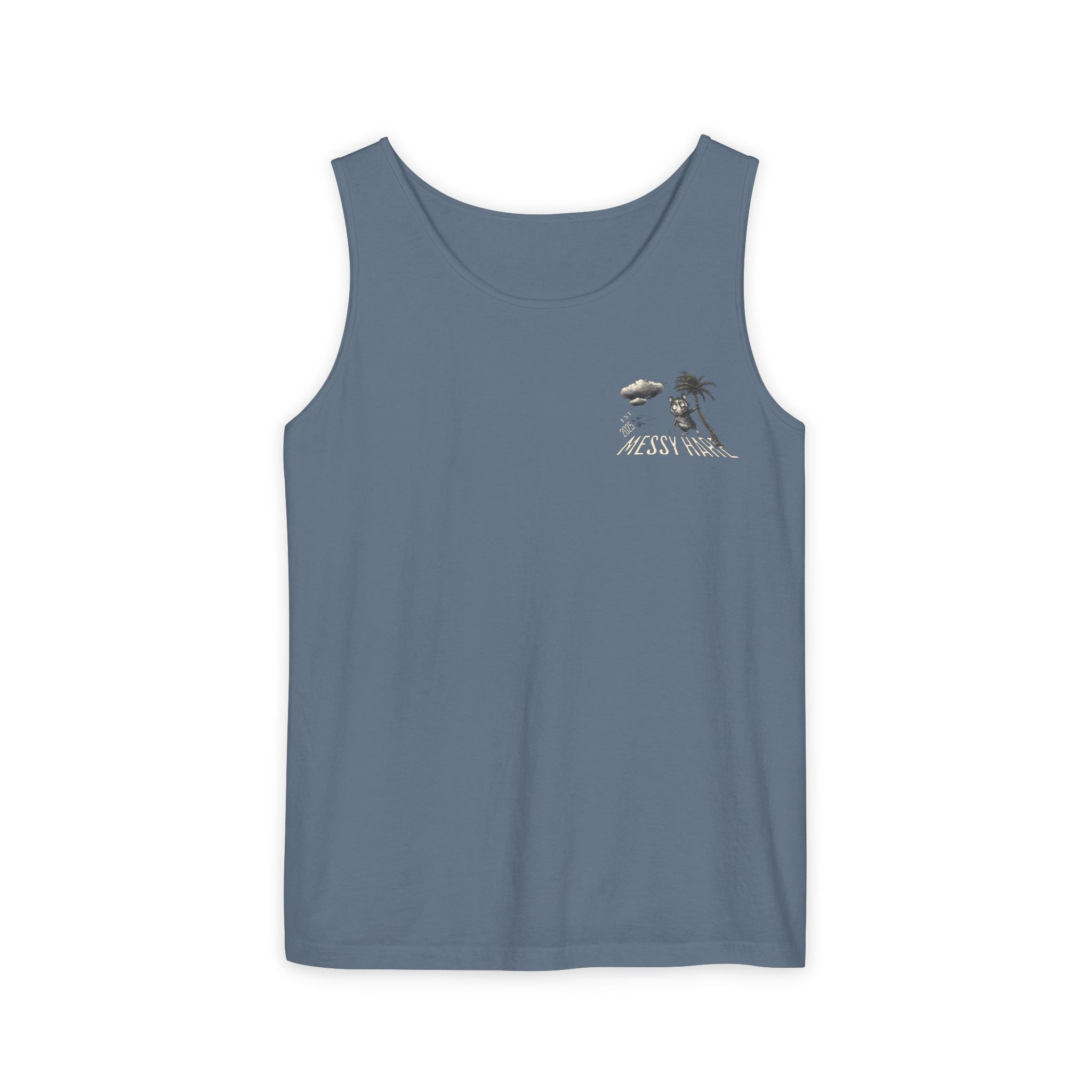 Blue tank top with a small graphic on a white background