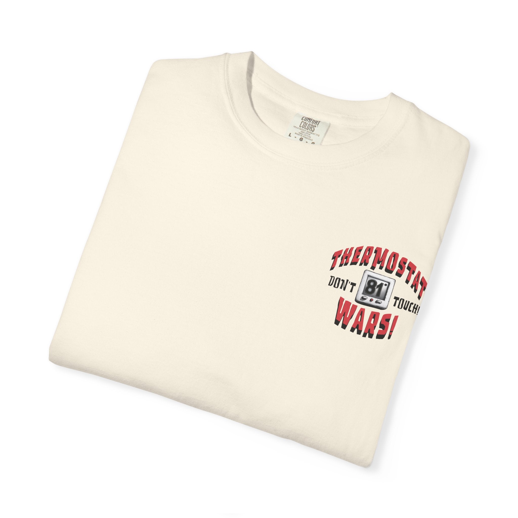 Folded cream-colored t-shirt with text design on a white background