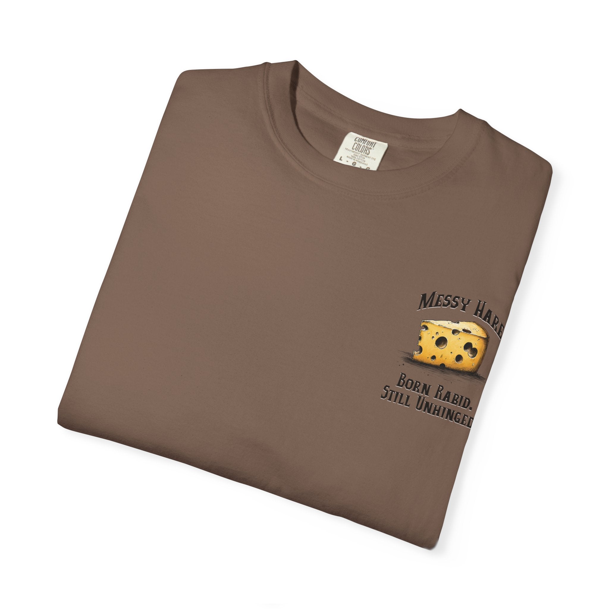 Brown t-shirt with a graphic and text on a white background