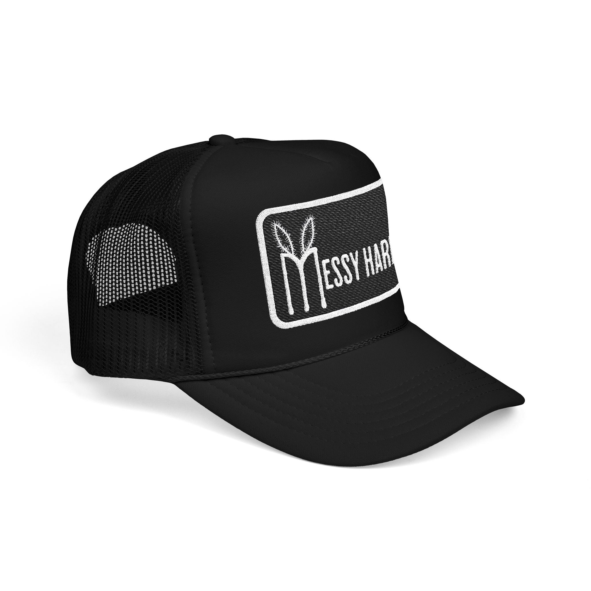 Black trucker cap with 'Messy Hair' logo on a white background