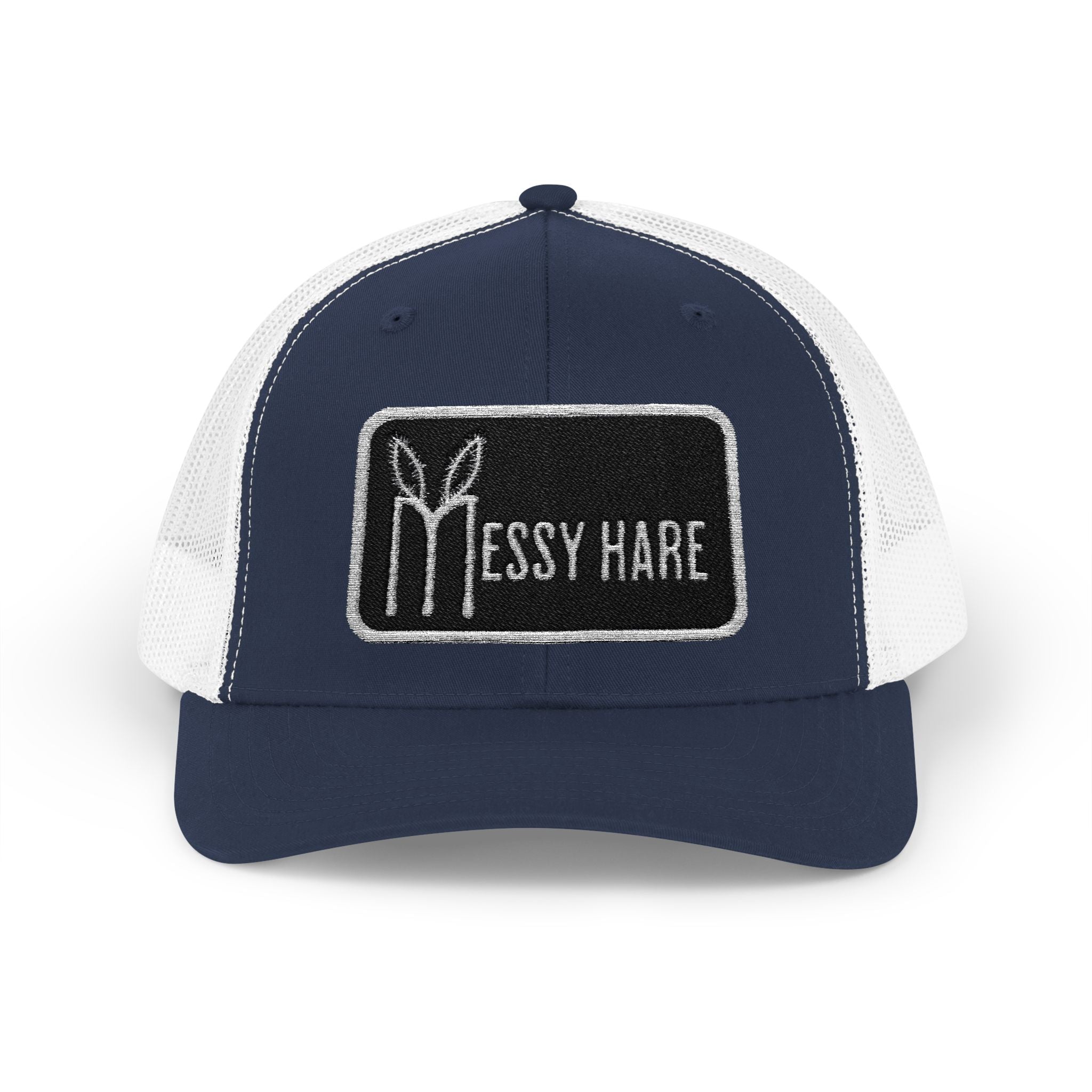Navy and white cap with 'Messy Hare' logo on a white background