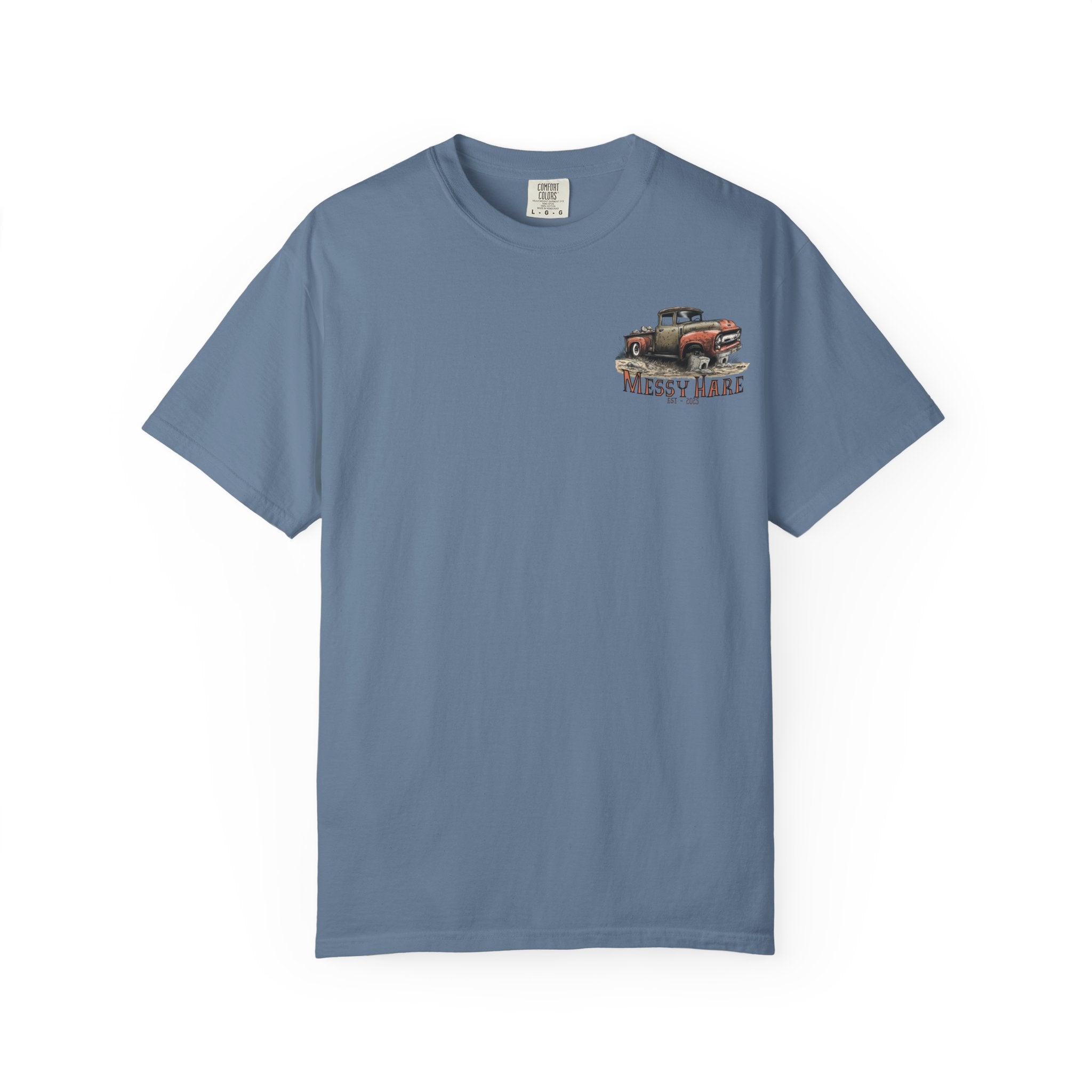 Blue t-shirt with a graphic of a truck and text on a white background