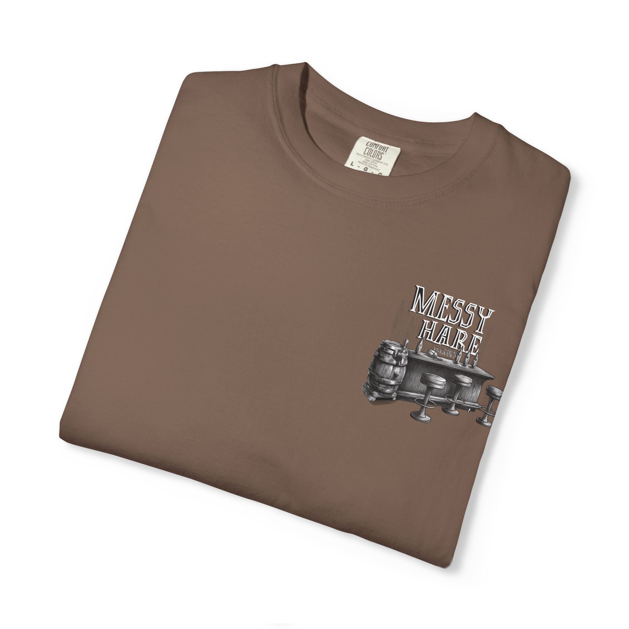 Brown t-shirt with 'Messy Mare' graphic on a white background