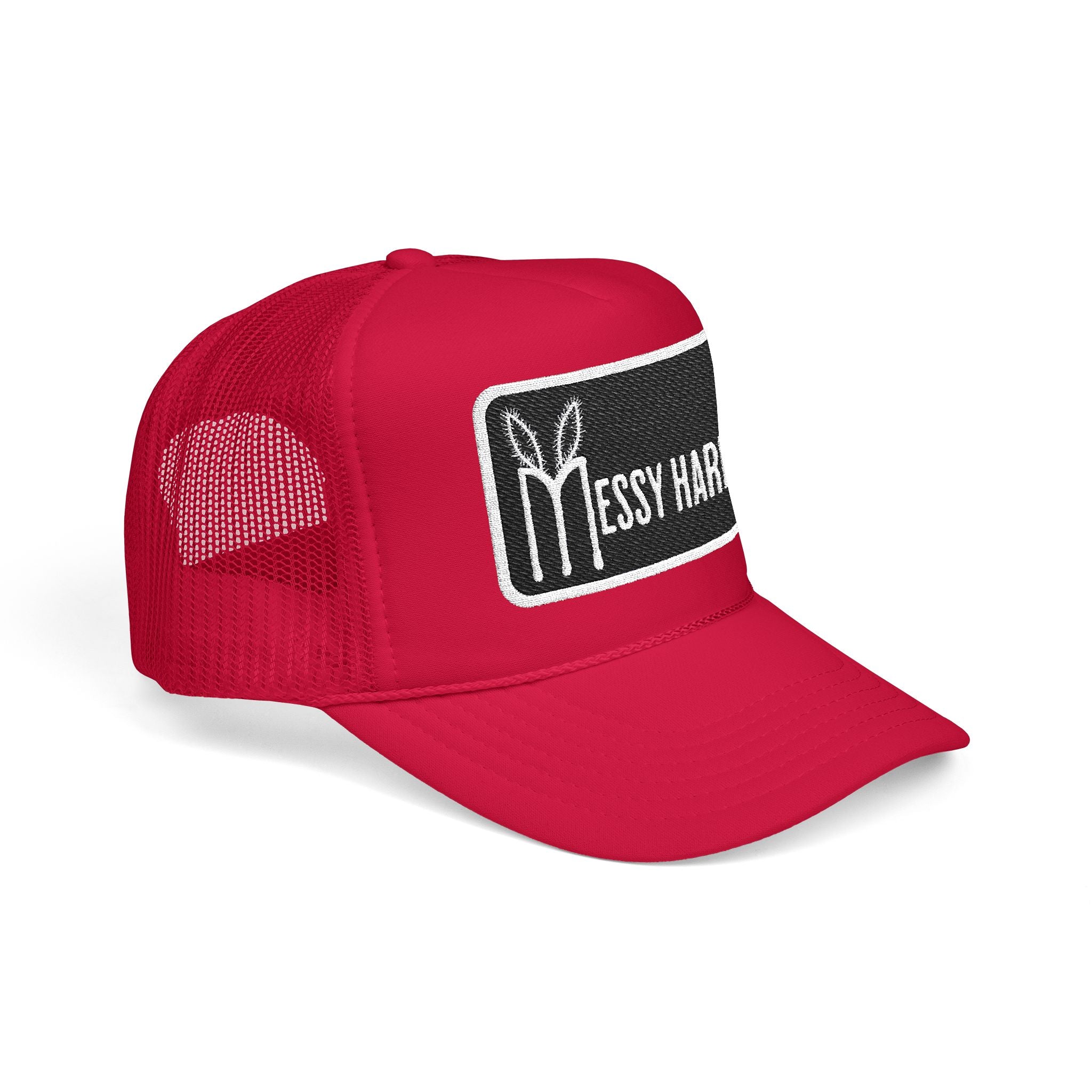 Red cap with a black and white 'Messy Hair' logo on a white background
