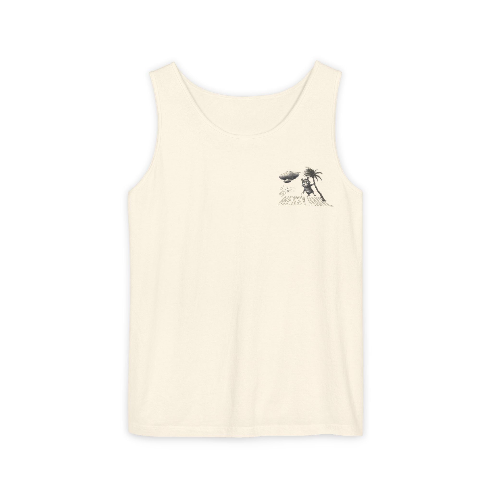 Beige tank top with a graphic design on a white background