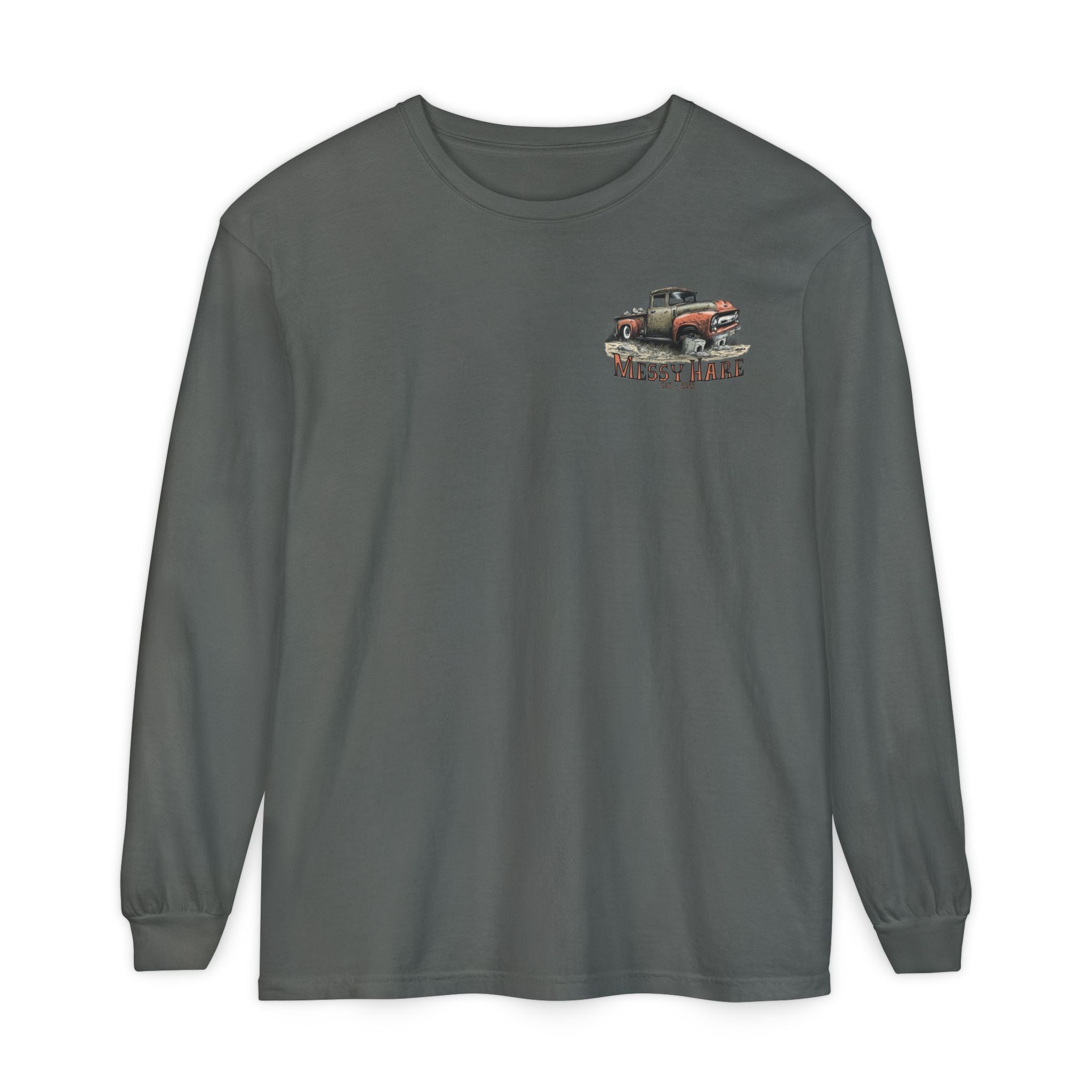 Gray long-sleeve shirt with a graphic of a truck on a white background