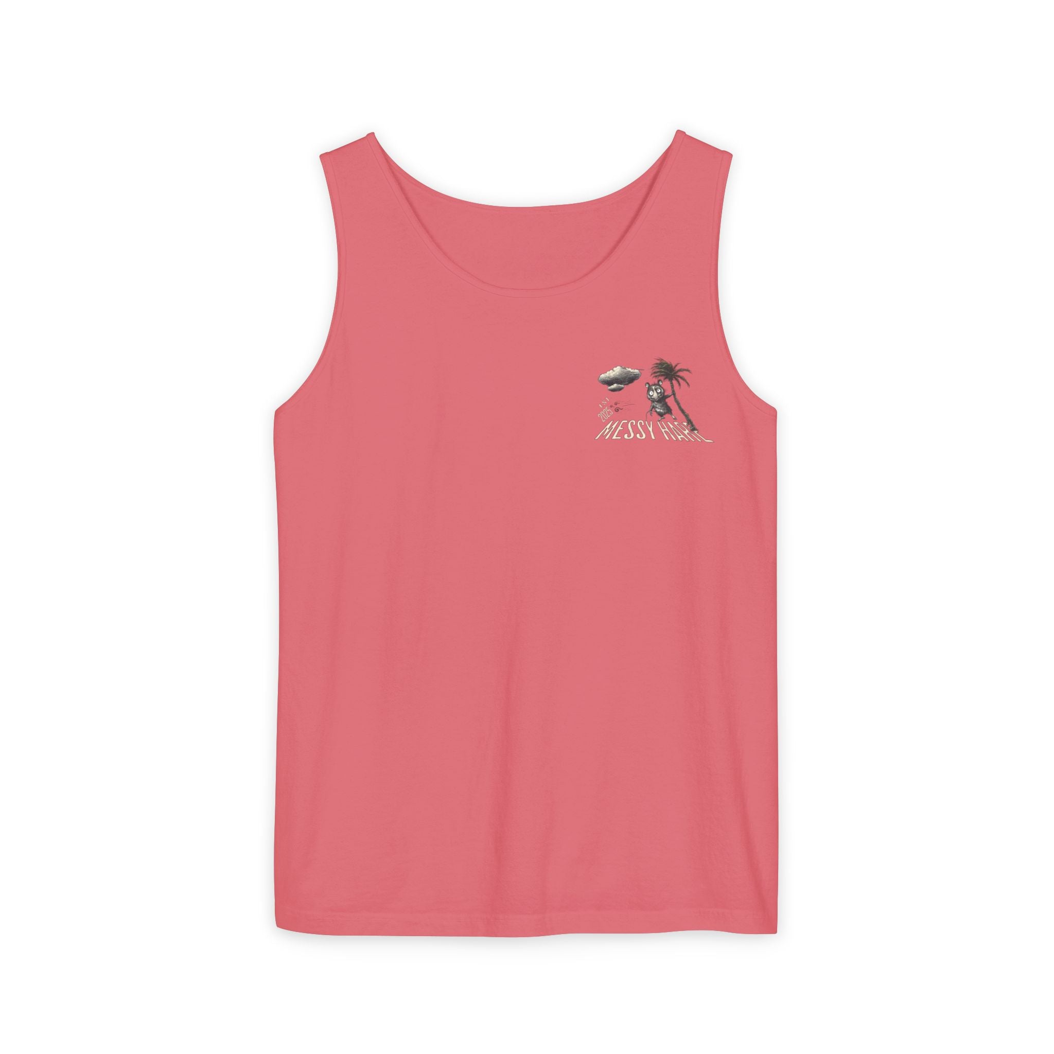 Pink tank top with a small graphic on a white background
