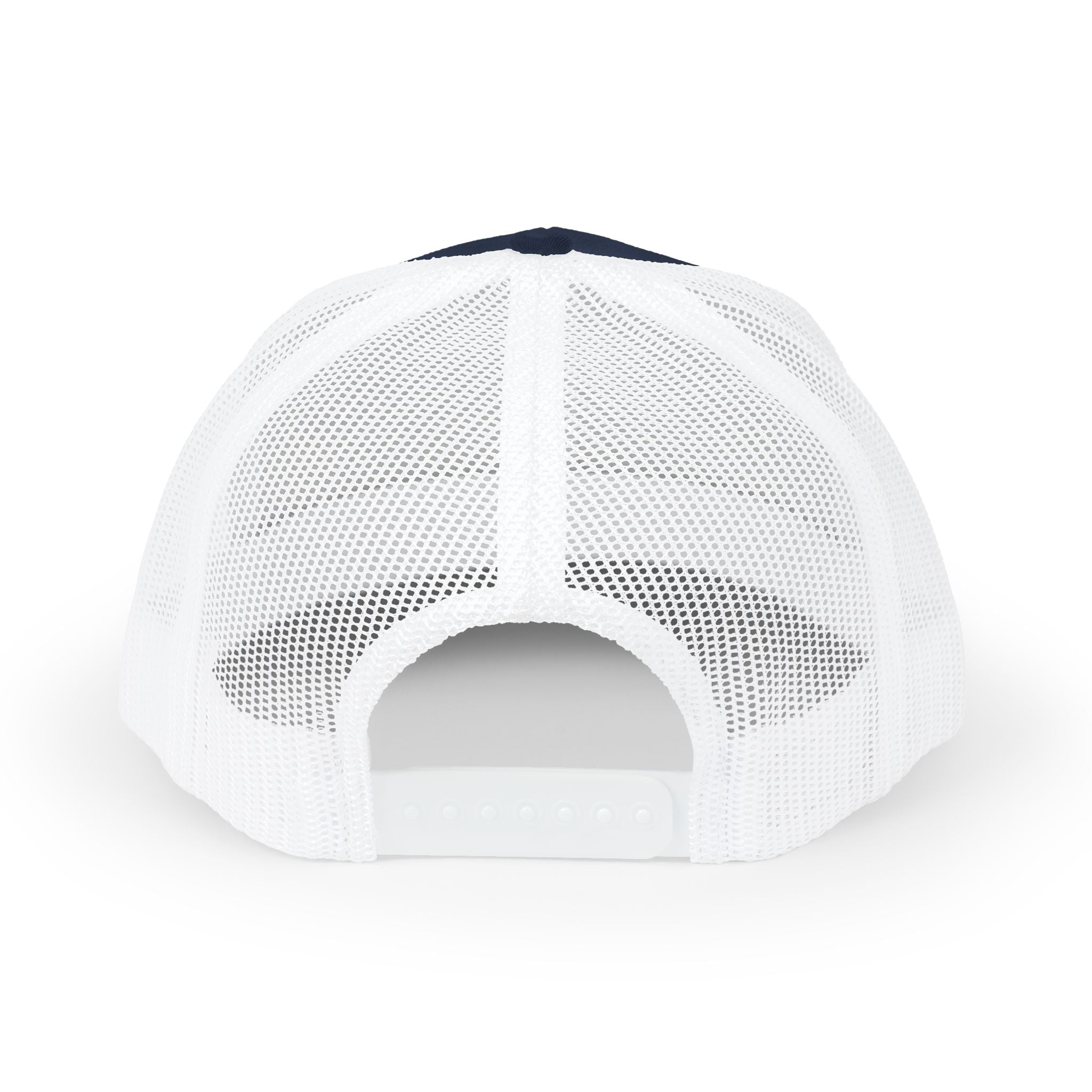 White mesh cap with a black brim on a white background