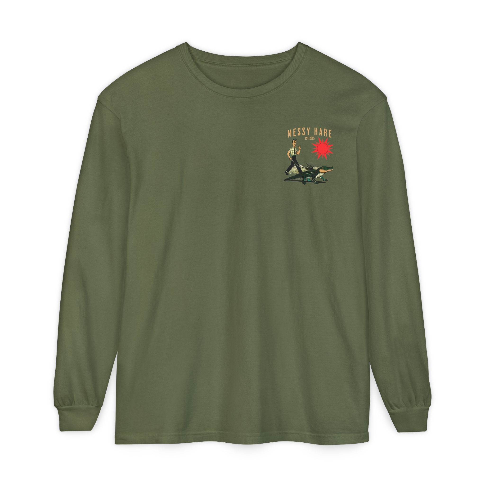Green long-sleeve shirt with a graphic design on the chest against a white background