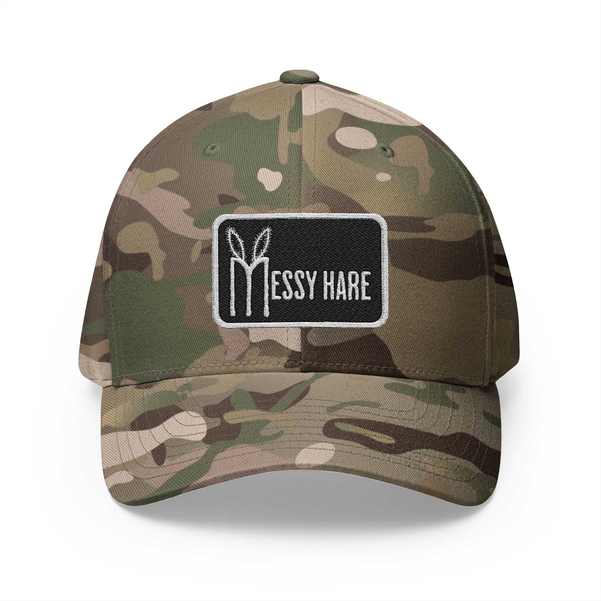 Camouflage baseball cap with a logo patch on a white background