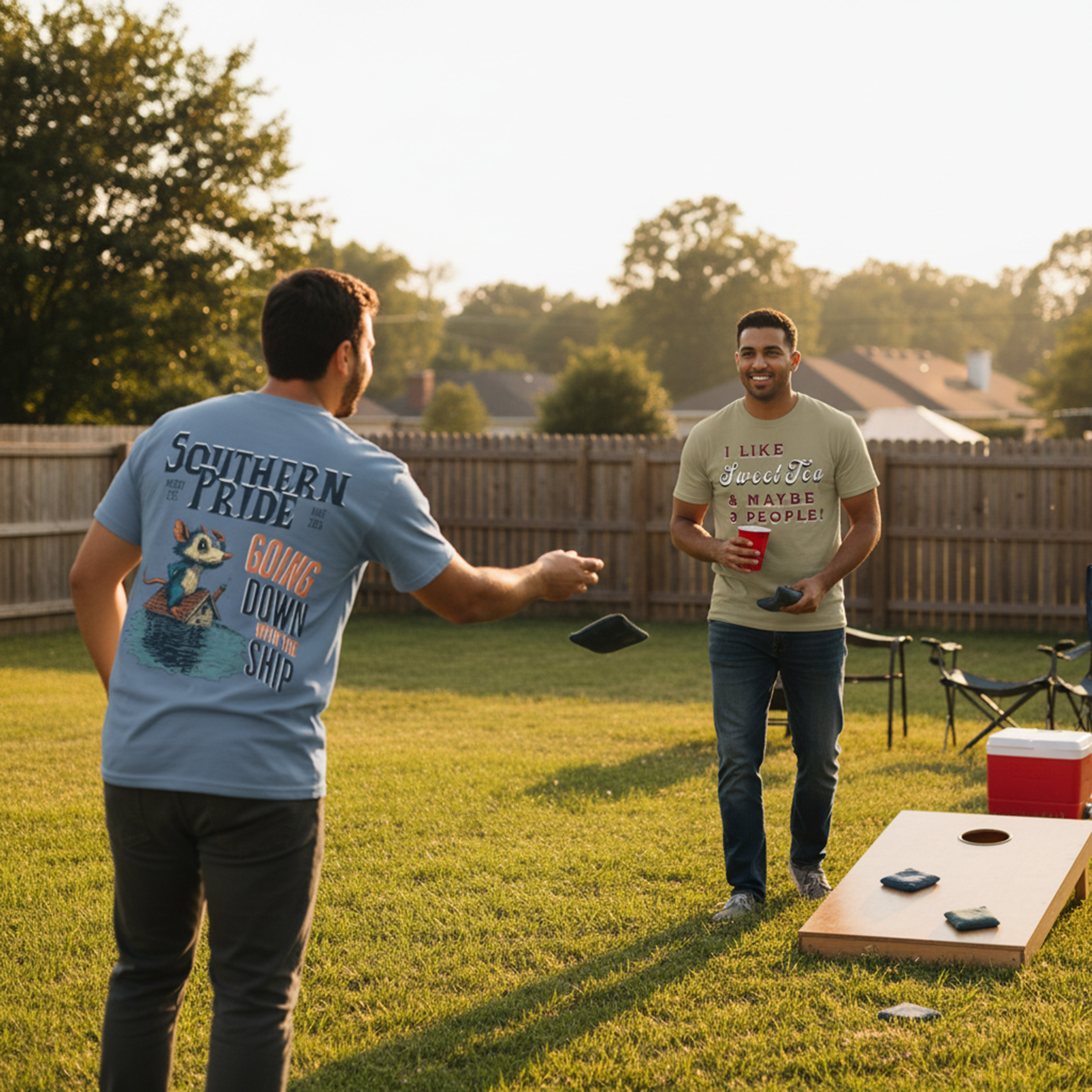 Two men playing cornhole in a backyard setting