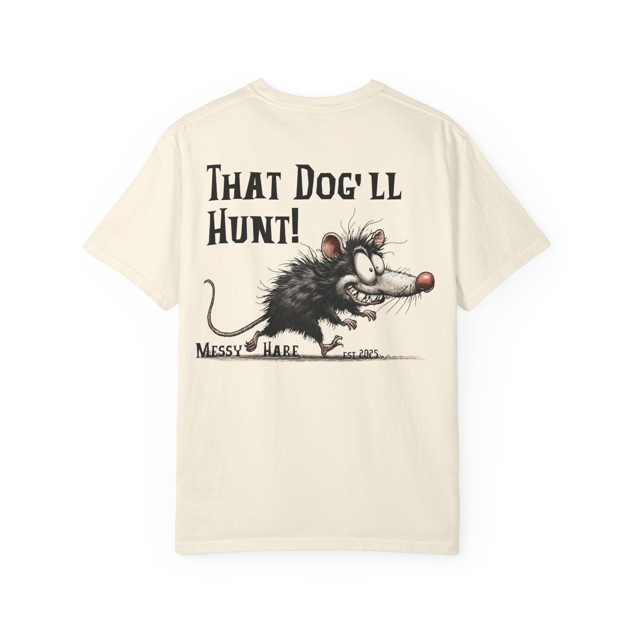 Beige t-shirt with a cartoon rat graphic and text on a white background