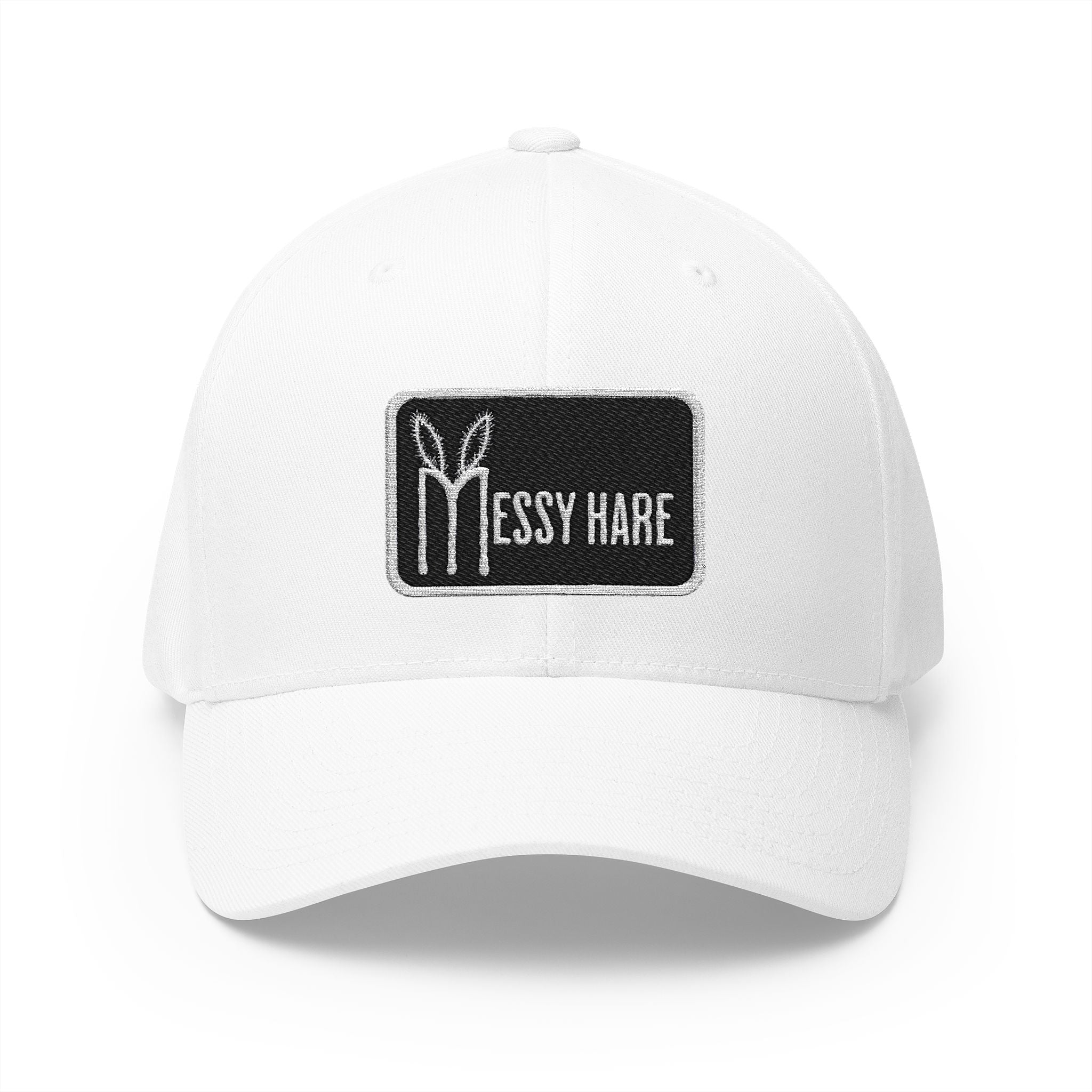 White cap with a black patch featuring 'Essy Hare' logo on a white background