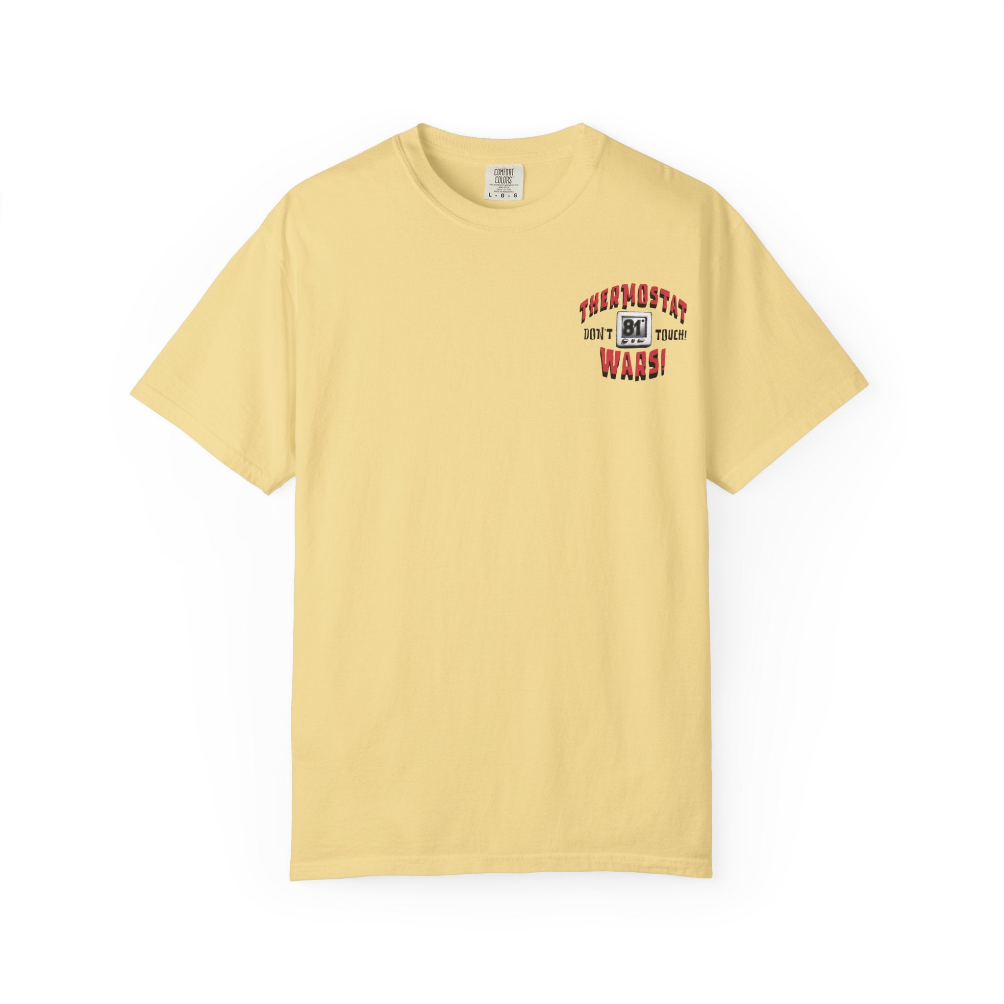 Yellow t-shirt with text design on a white background