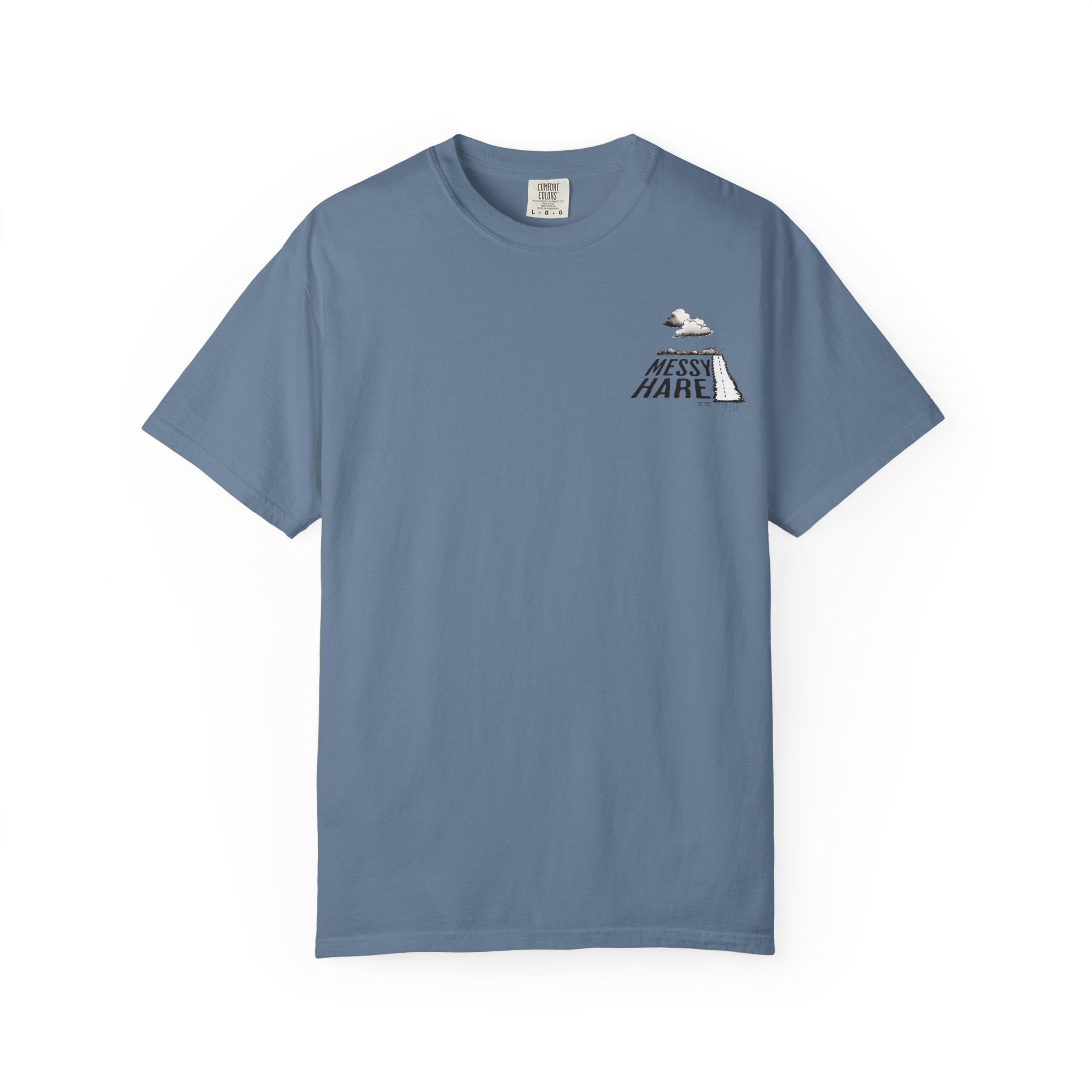 Blue t-shirt with a graphic design on a white background