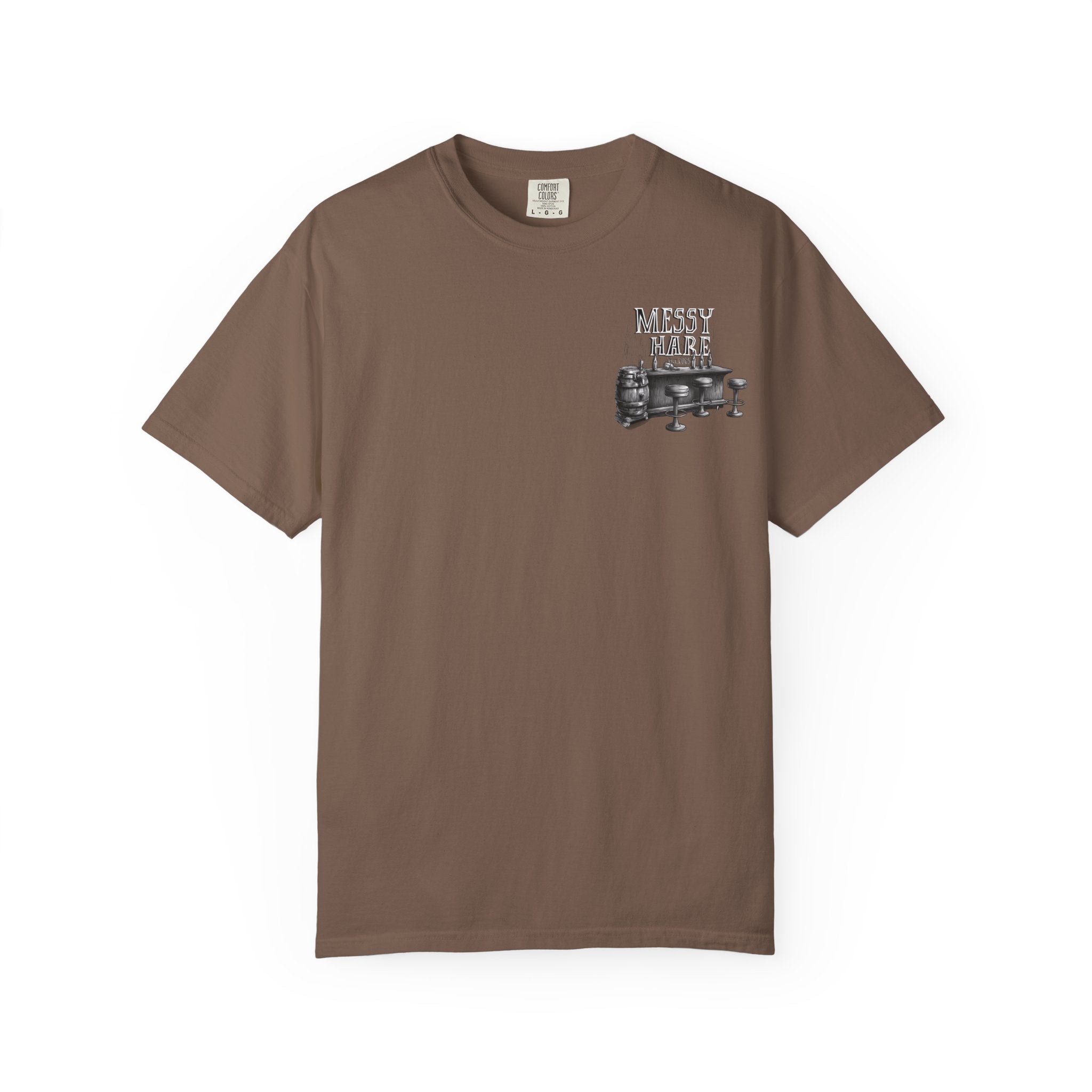 Brown t-shirt with graphic design on a white background