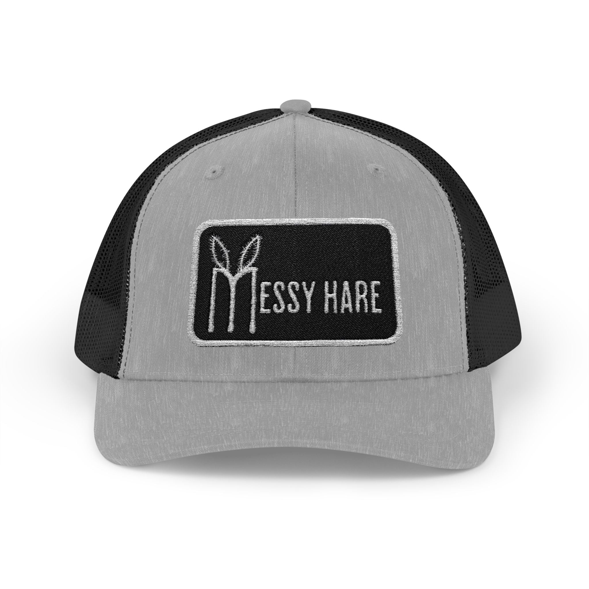 Gray and black trucker hat with 'Messy Hare' logo on a white background