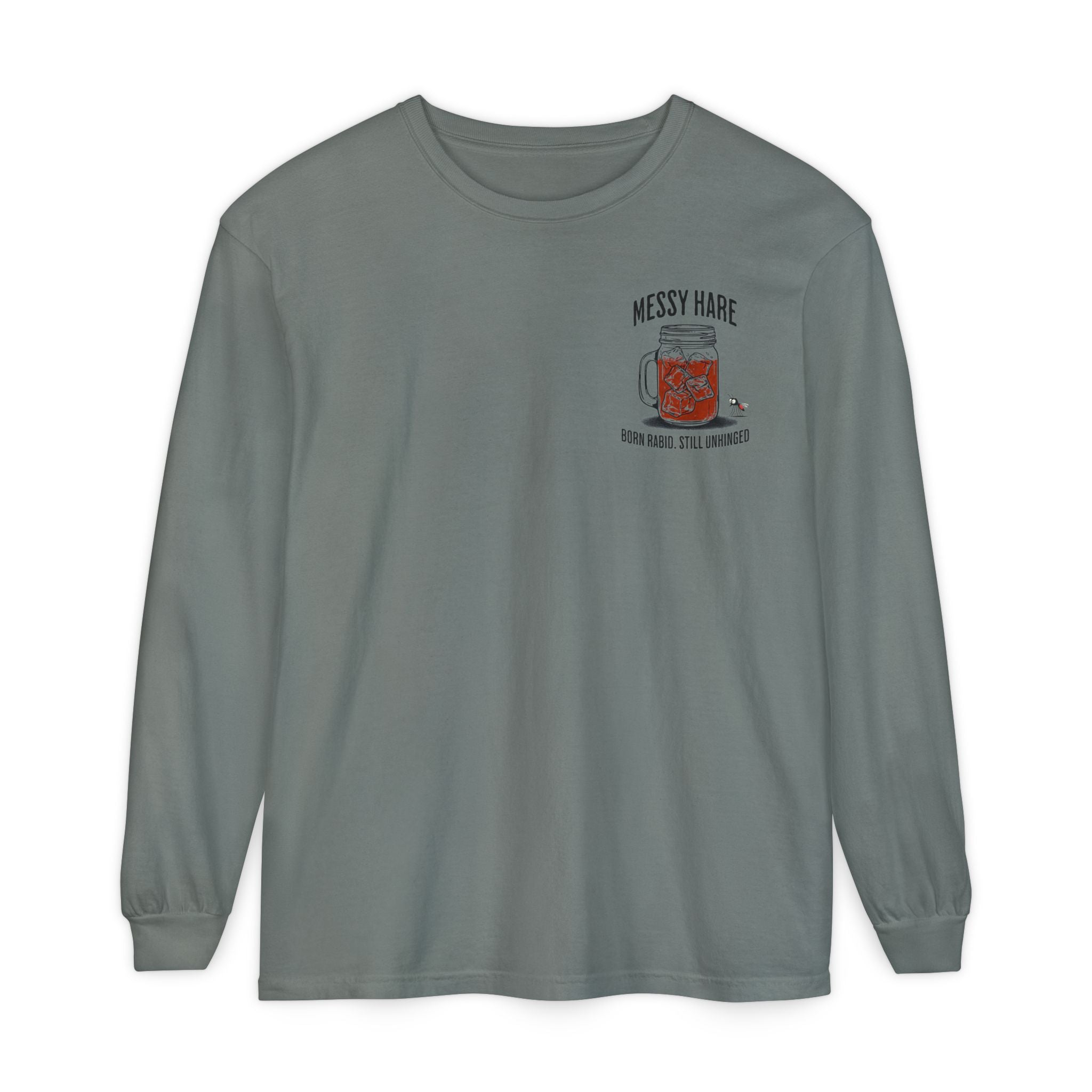 Gray long-sleeve shirt with a logo on a white background