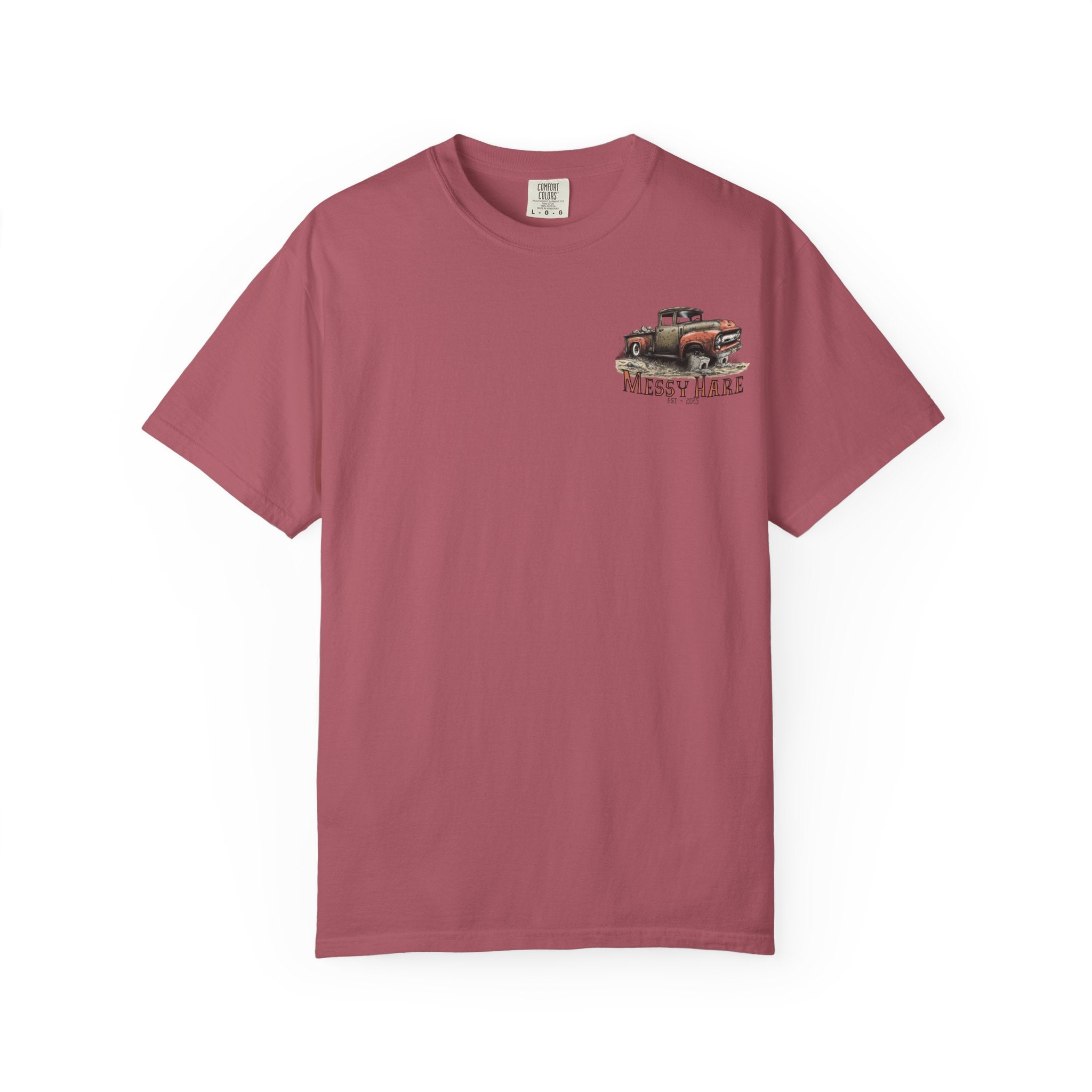 Maroon t-shirt with a graphic of a truck on a white background