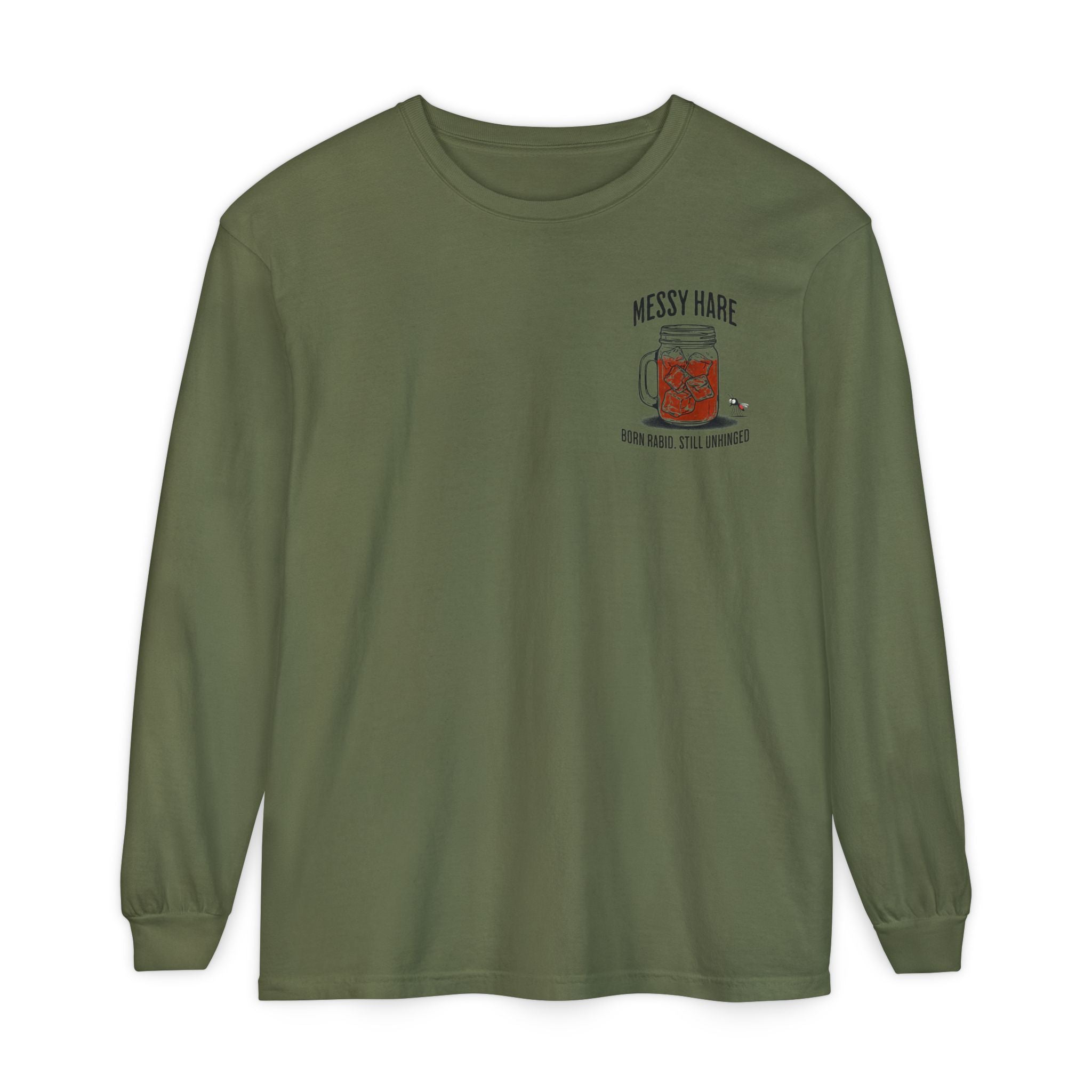 Green long-sleeve shirt with a logo on a white background