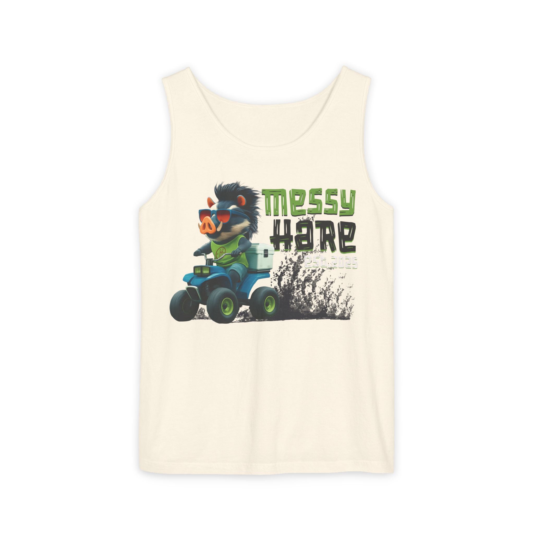 Beige tank top with a graphic of a bear driving an ATV and 'Messy Hare' text on a white background