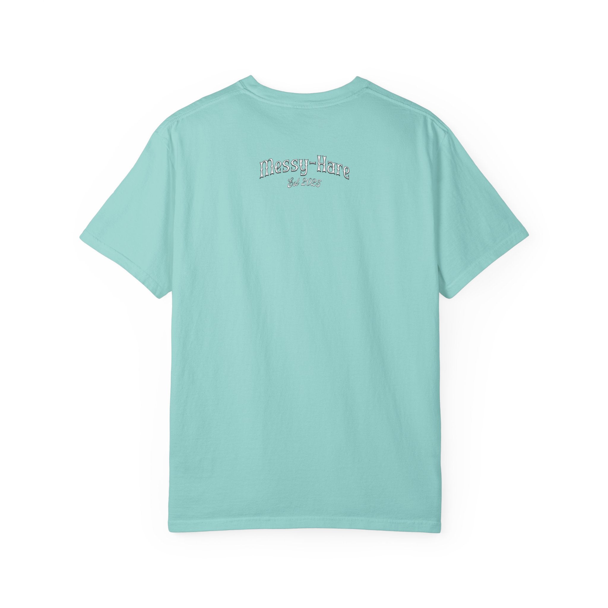 Light blue t-shirt with text on the back against a white background