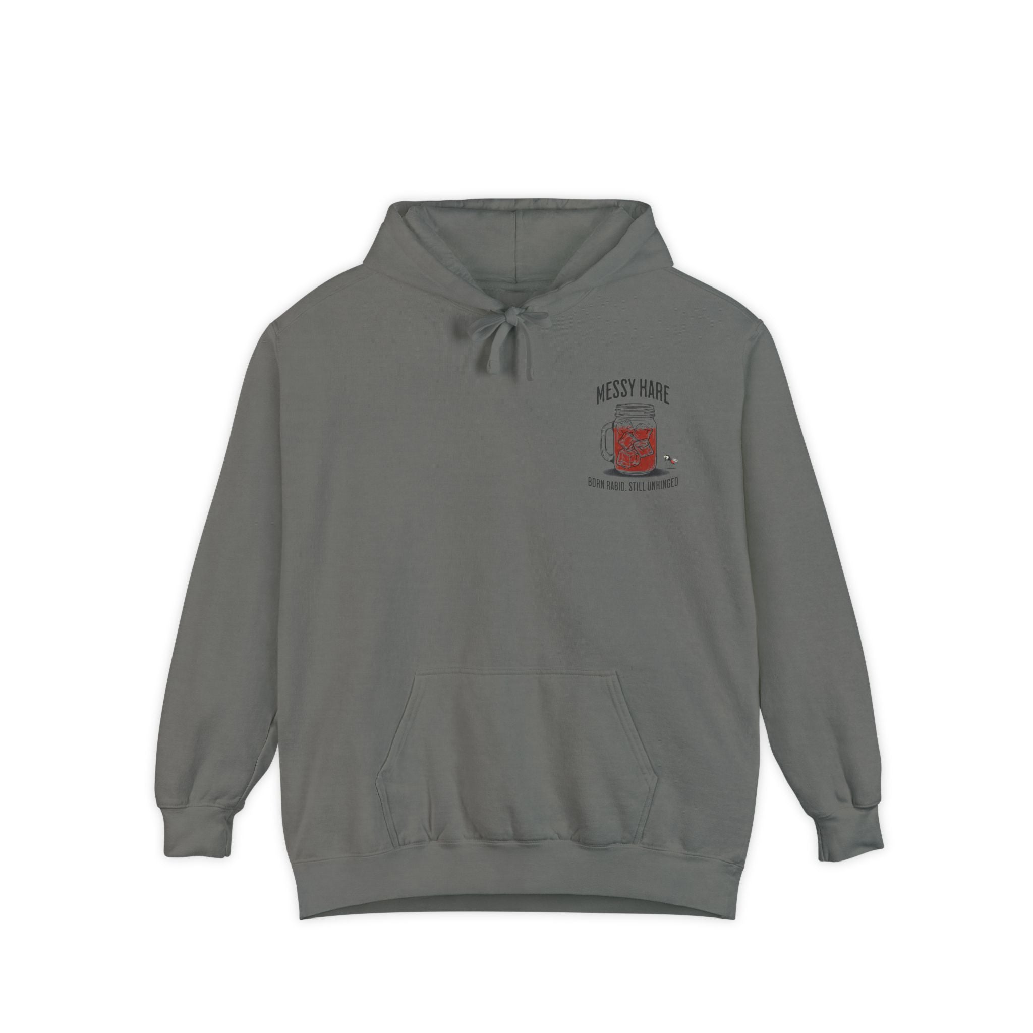 Gray hoodie with a logo on the chest against a white background