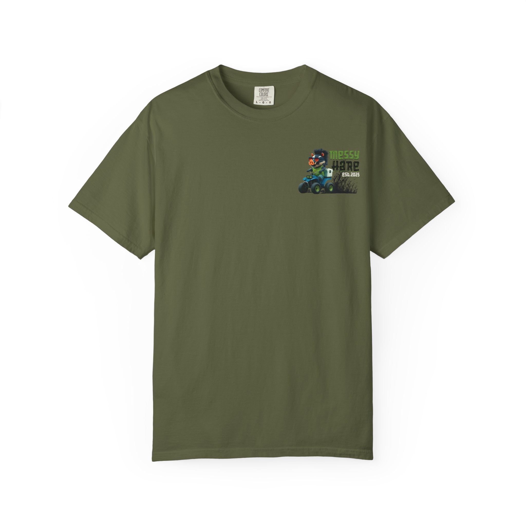 Green t-shirt with a graphic design on a white background