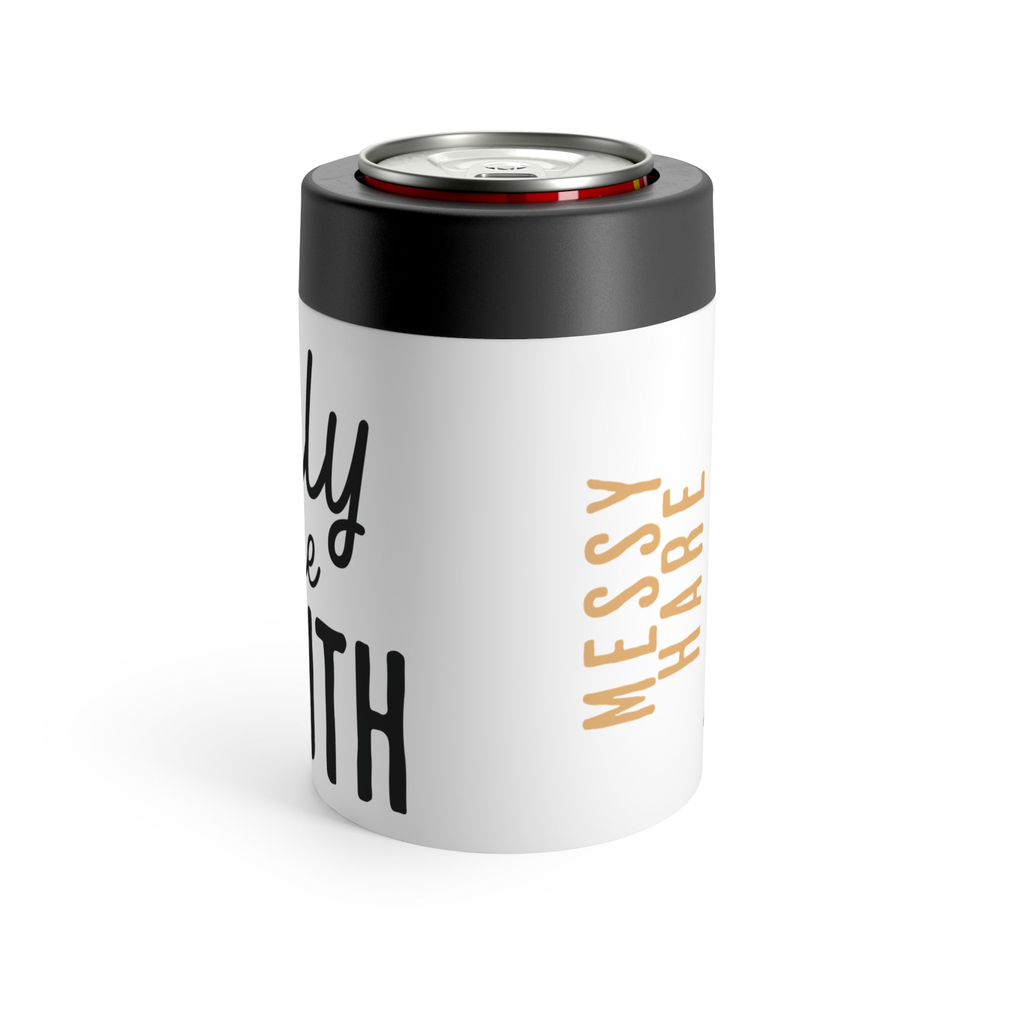 White tumbler with black and gold text on a white background