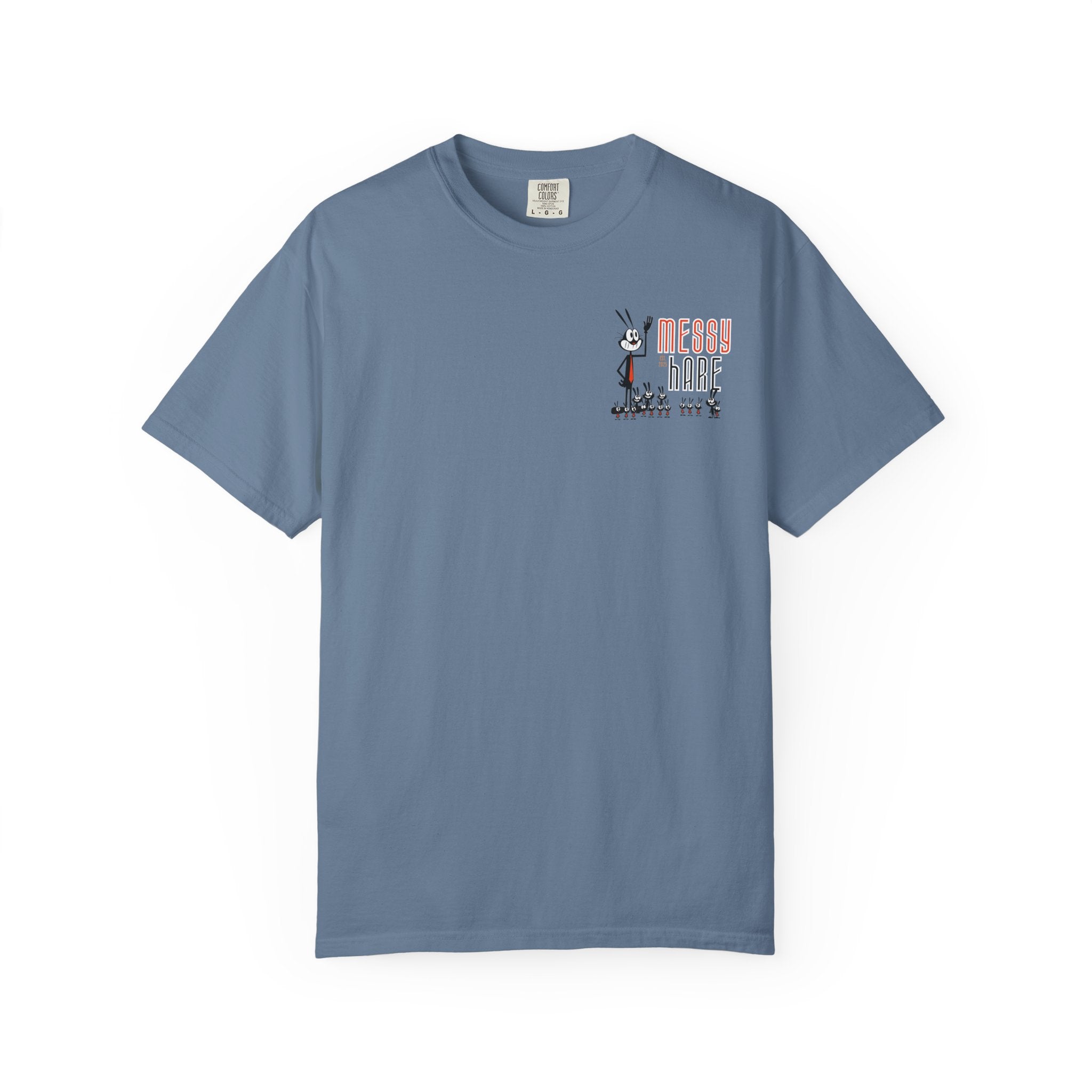 Blue t-shirt with a graphic design on a white background