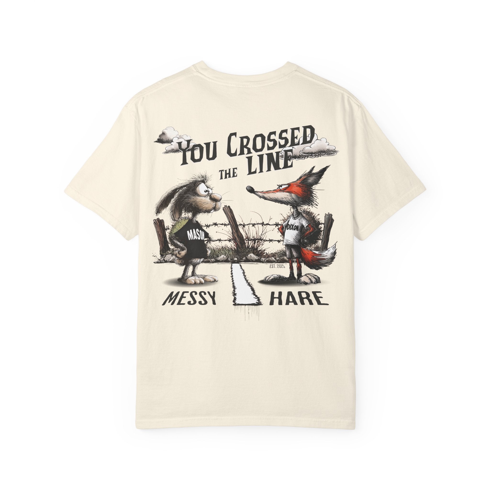 Beige t-shirt with cartoon characters and text on a white background