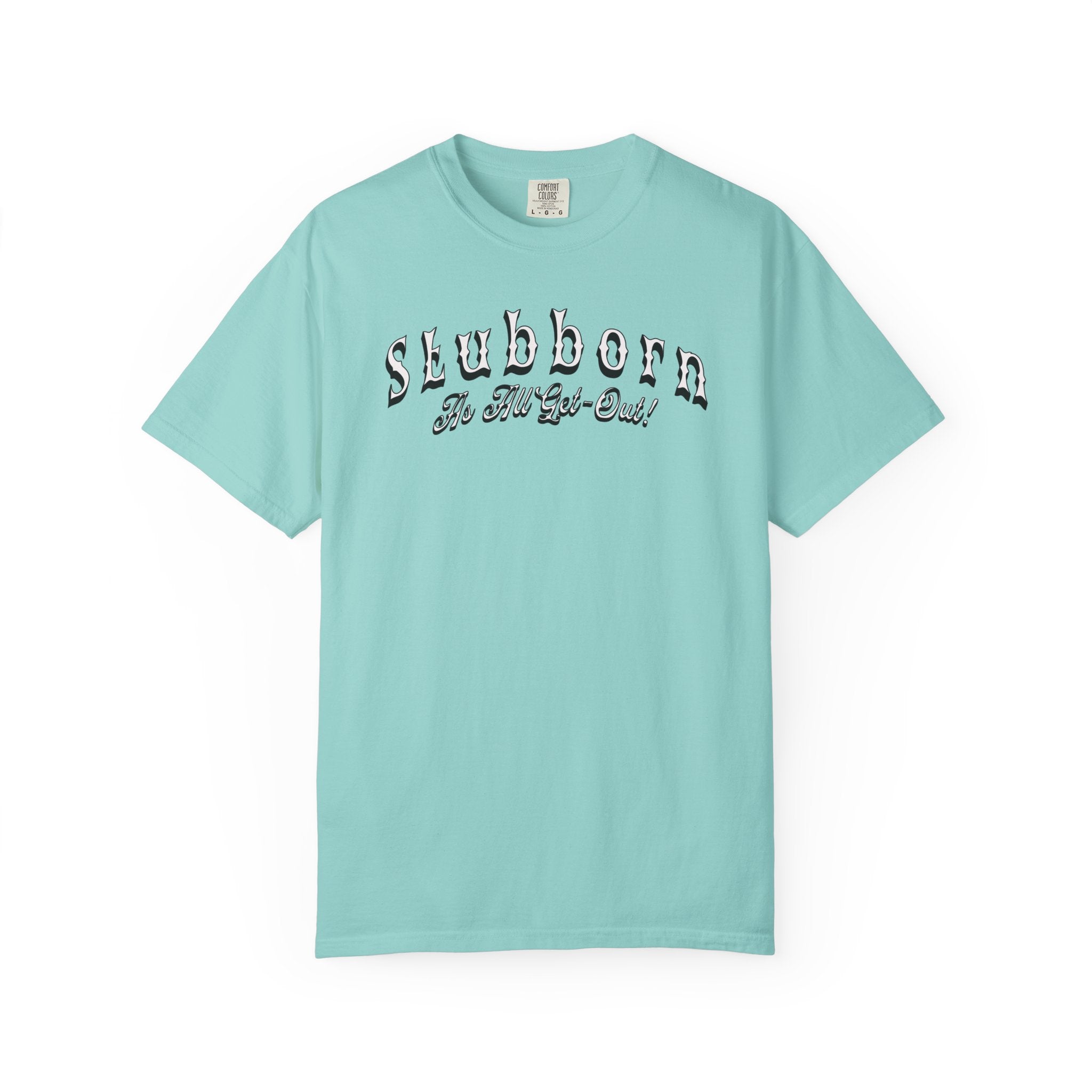 Mint green t-shirt with text on a white background