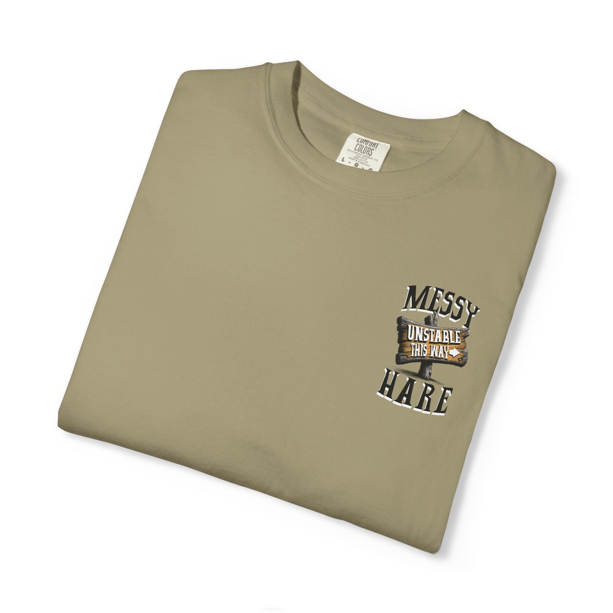 Folded khaki t-shirt with text and graphic on a white background