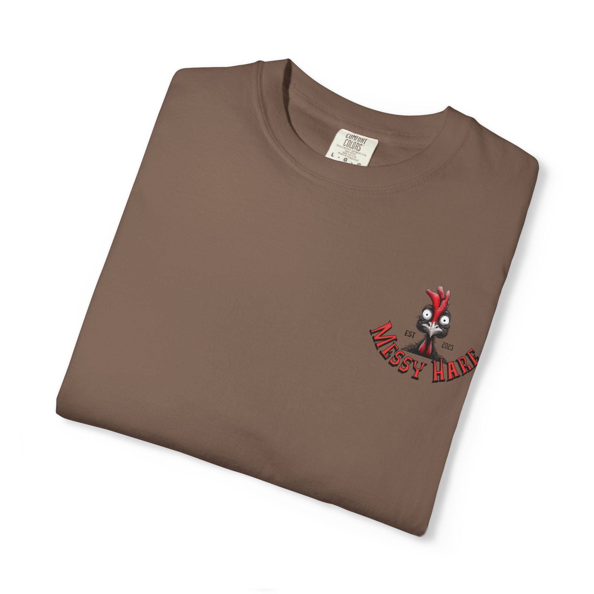 Folded brown t-shirt with a logo on a white background